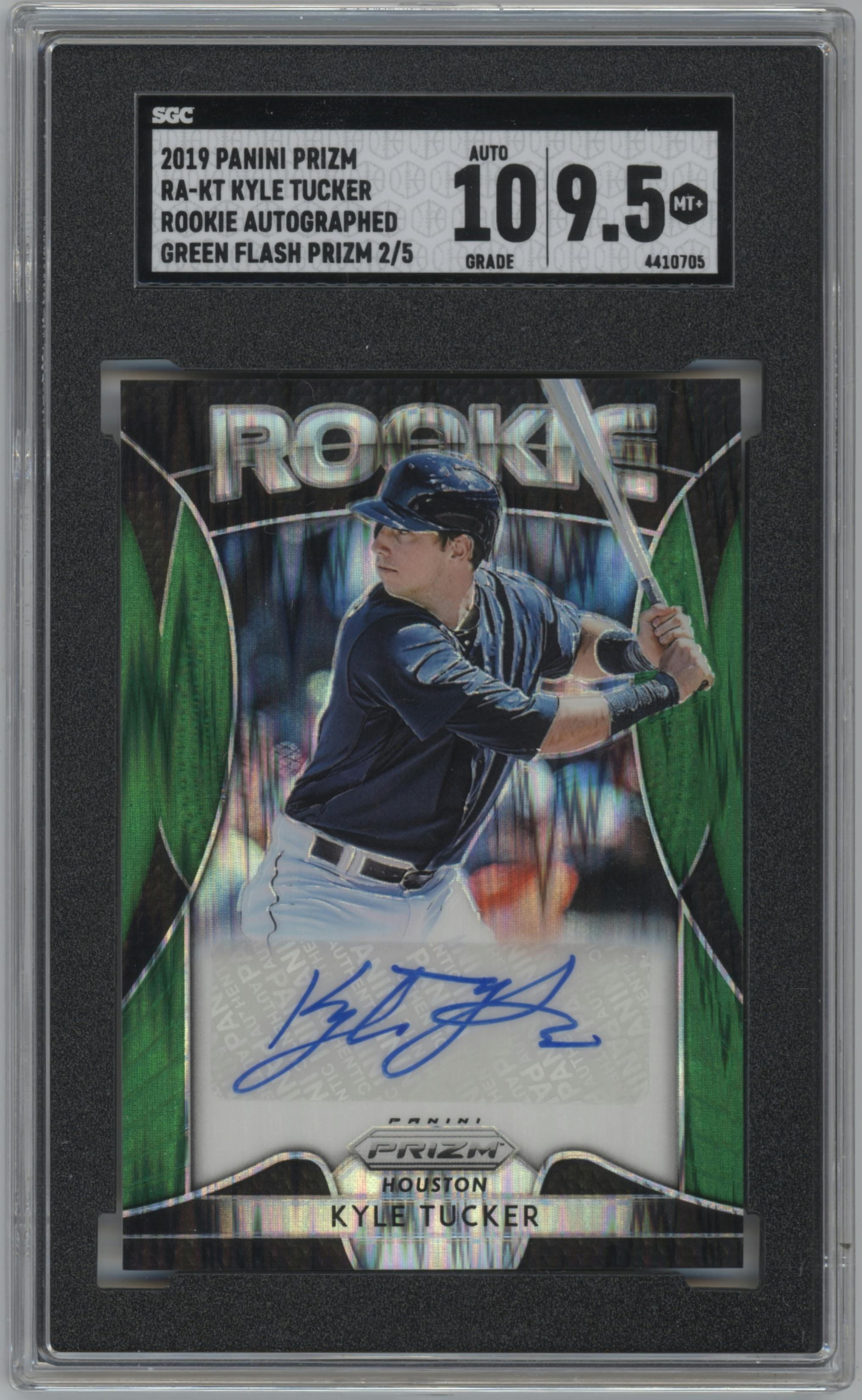 Kyle Tucker from the 2019 Panini Prizm set featuring a Forest Green Flash parallel graded by SGC and given an overall grade of 9.5.