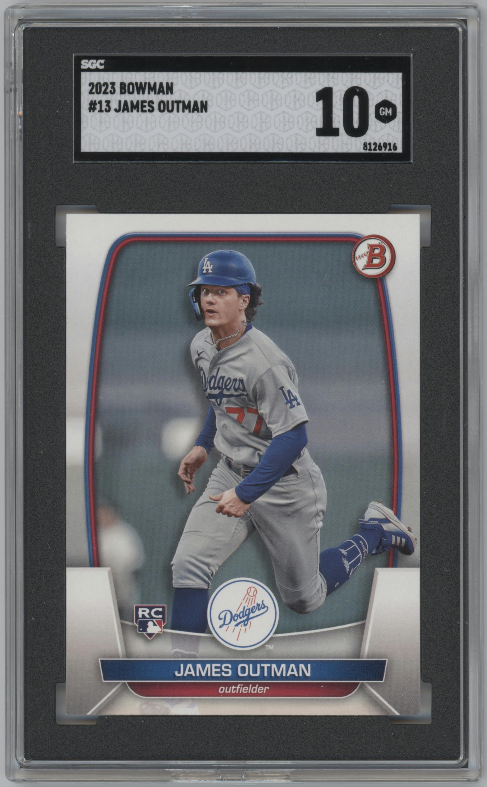 James Outman from the 2023 Bowman  set graded by SGC and given an overall grade of 10.