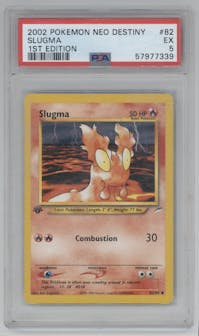 Slugma from the 2002 Pokemon Neo Genesis set graded by PSA and given an overall grade of 5.