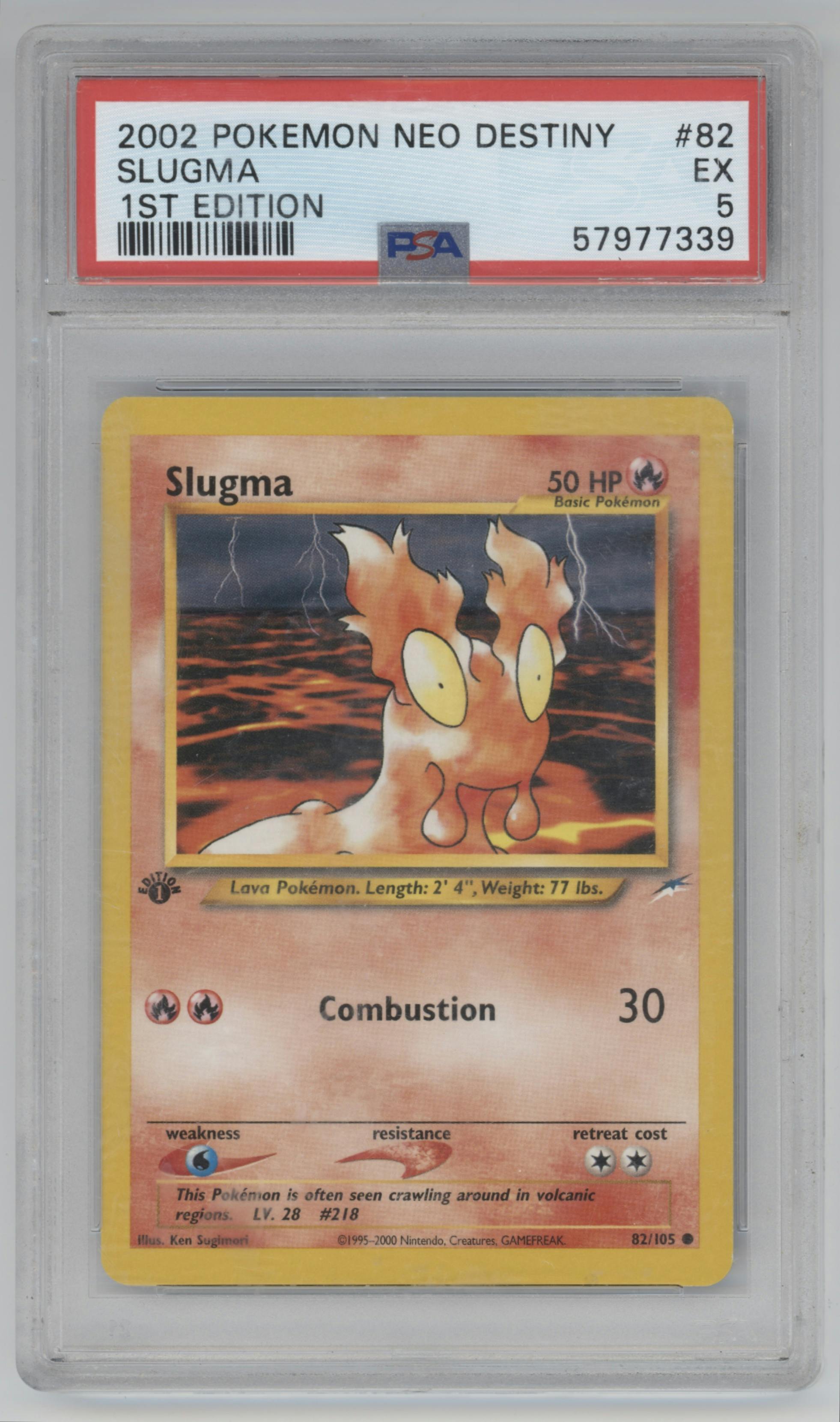 Slugma from the 2002 Pokemon Neo Genesis set graded by PSA and given an overall grade of 5.
