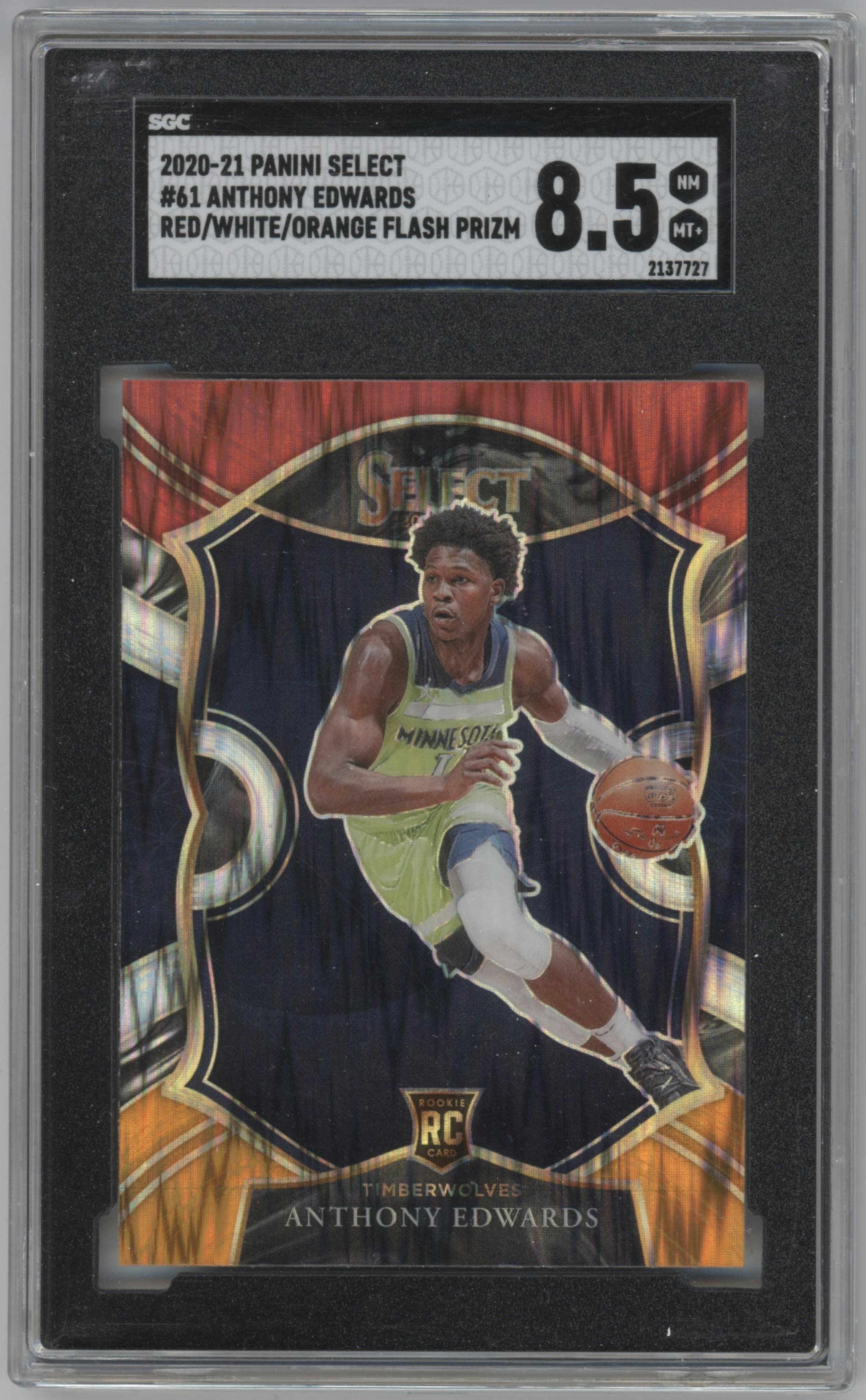 Anthony Edwards from the 2020-21 Panini Select  set featuring a Red/White/Orange Flash parallel graded by SGC and given an overall grade of 8.5.