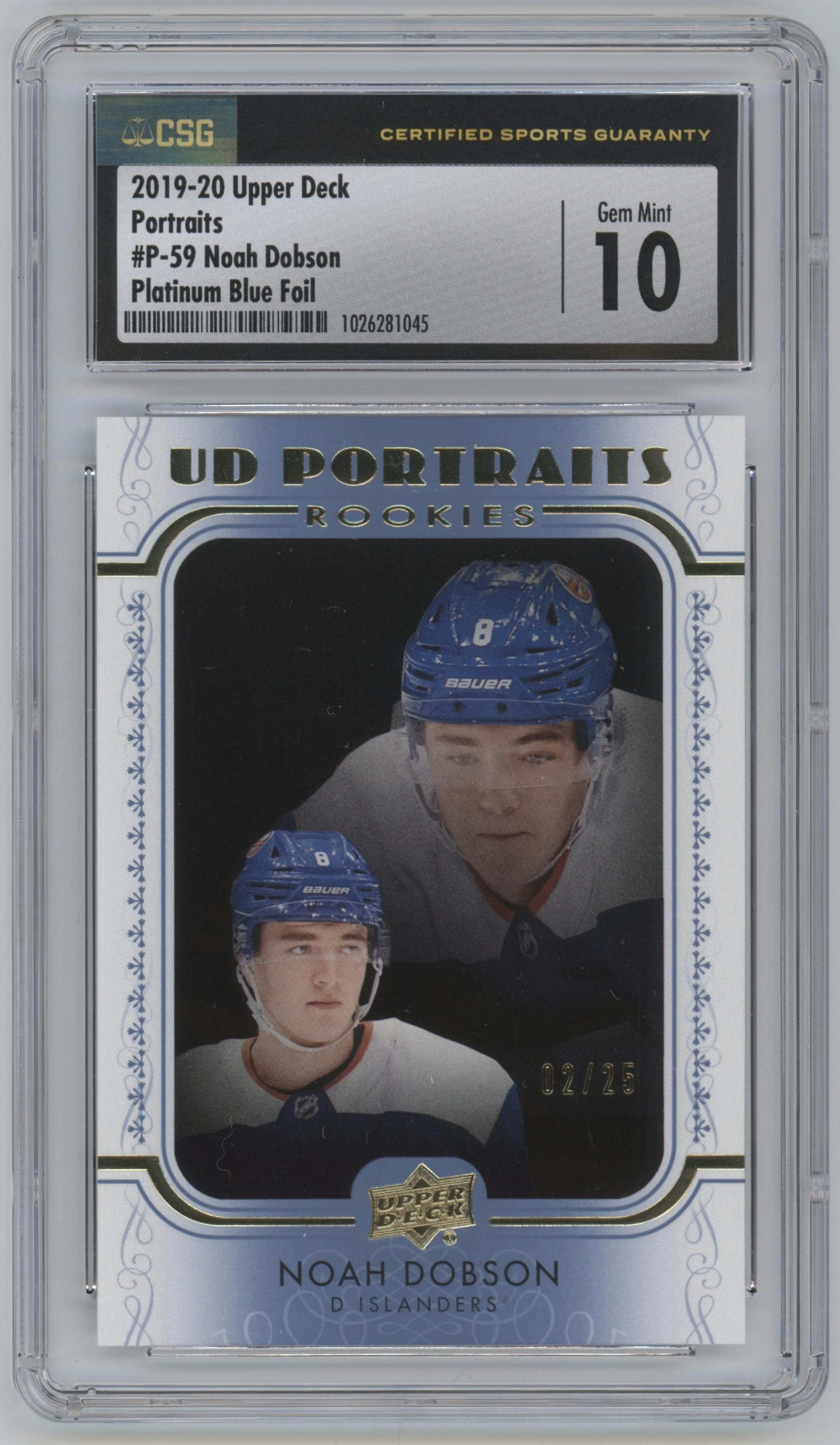 Noah Dobson from the 2019-20 Upper Deck set featuring a Platinum Blue parallel graded by CSG and given an overall grade of 10.
