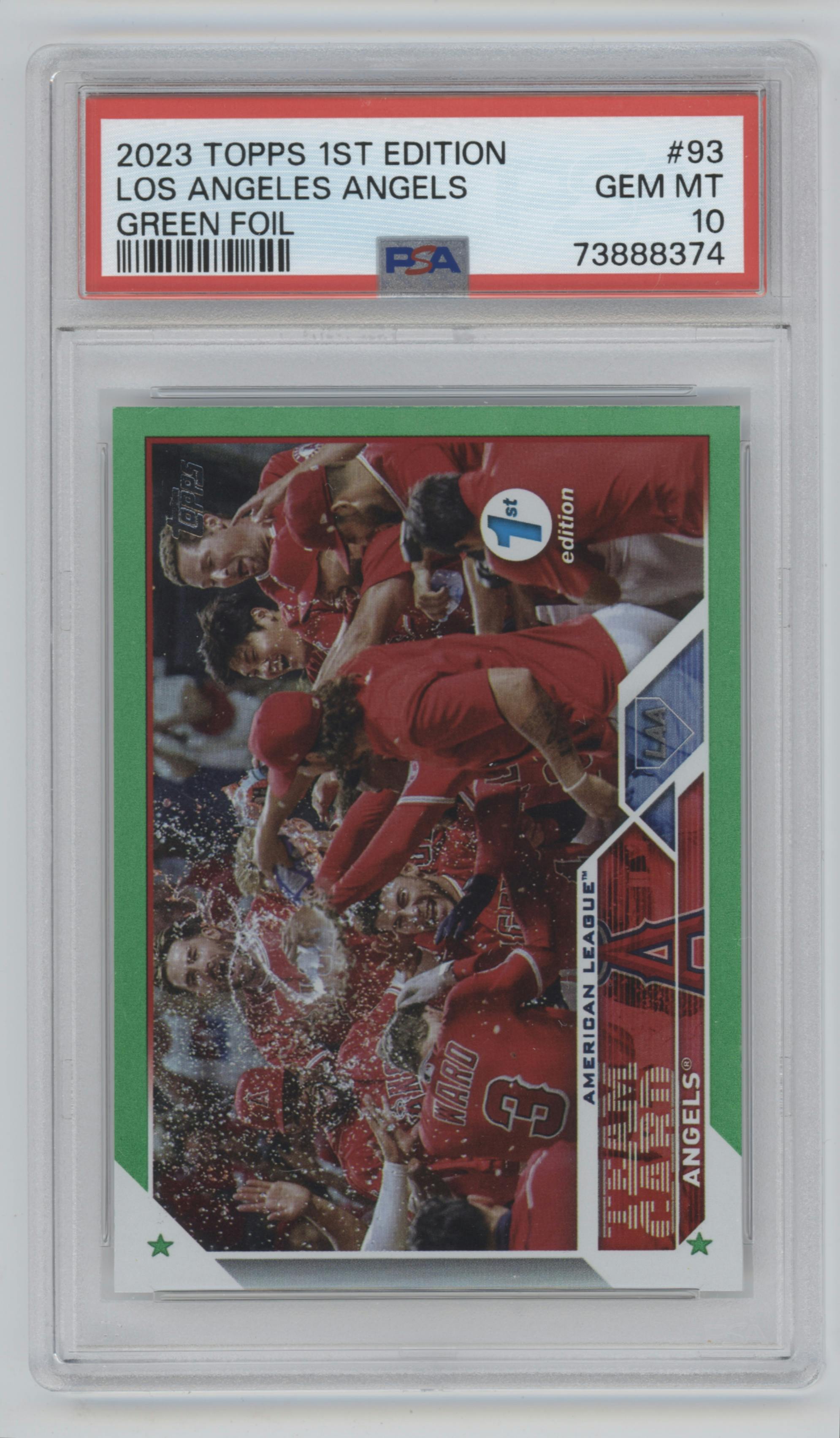 Los Angeles Angels from the 2023 Topps 1st Edition set featuring a Green Foil parallel graded by PSA and given an overall grade of 10.