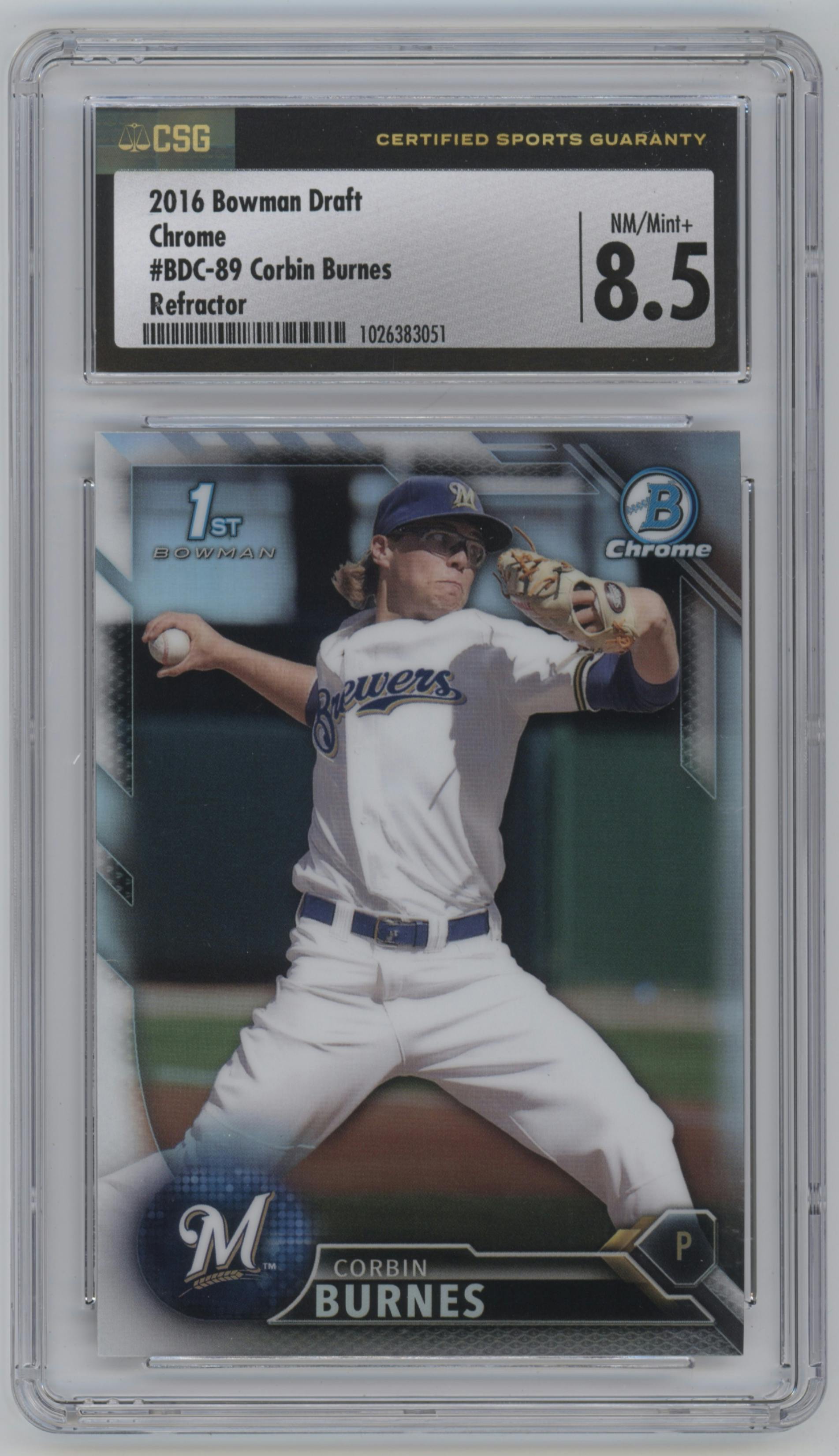 Corbin Burnes from the 2016 Bowman Draft set featuring a Refractor parallel graded by CSG and given an overall grade of 8.5.