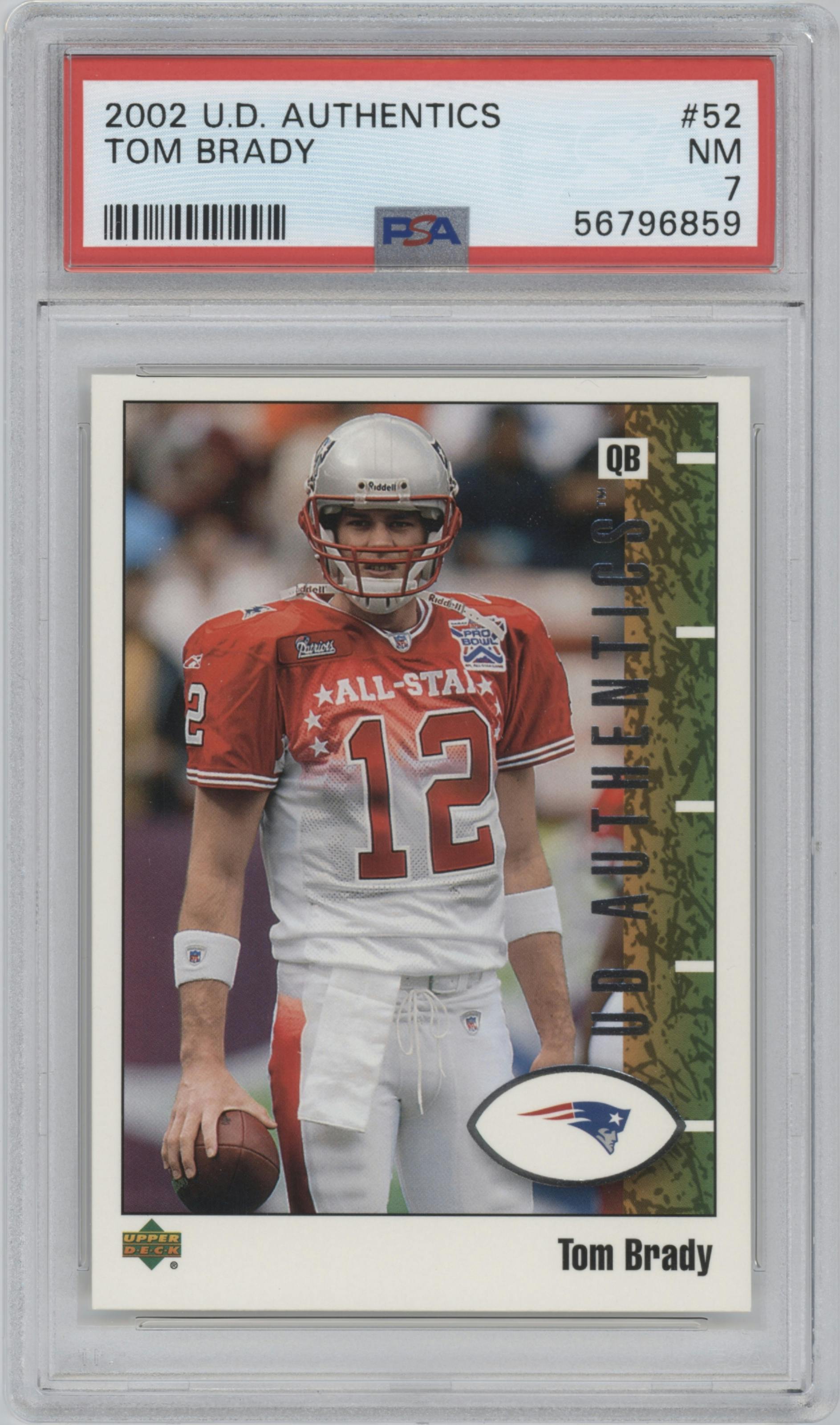 Tom Brady from the 2002 Upper Deck Authentics set graded by PSA and given an overall grade of 7.