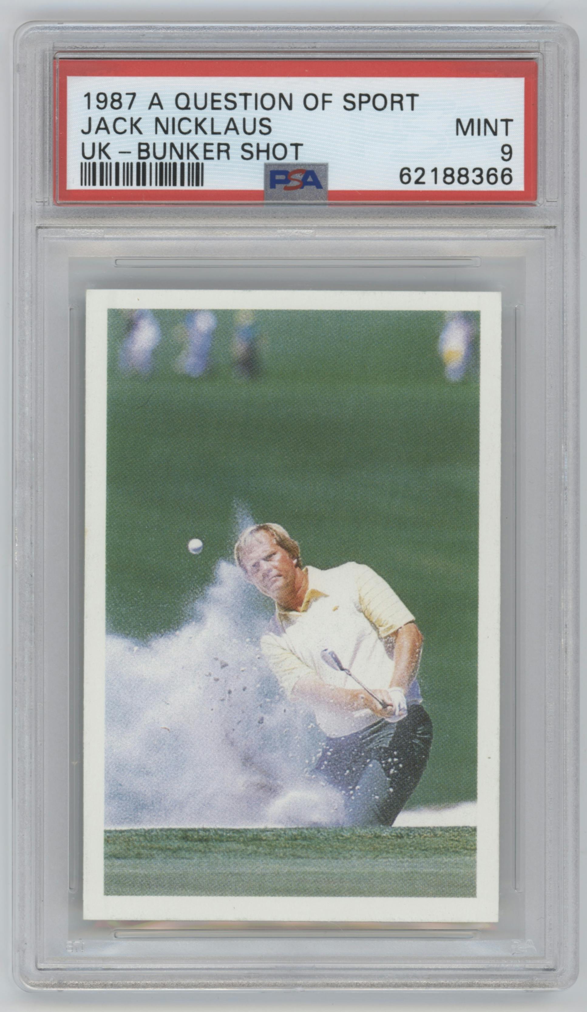 Jack Nicklaus from the 1987 BBC A Question of Sport UK set featuring a Variation parallel graded by PSA and given an overall grade of 9.