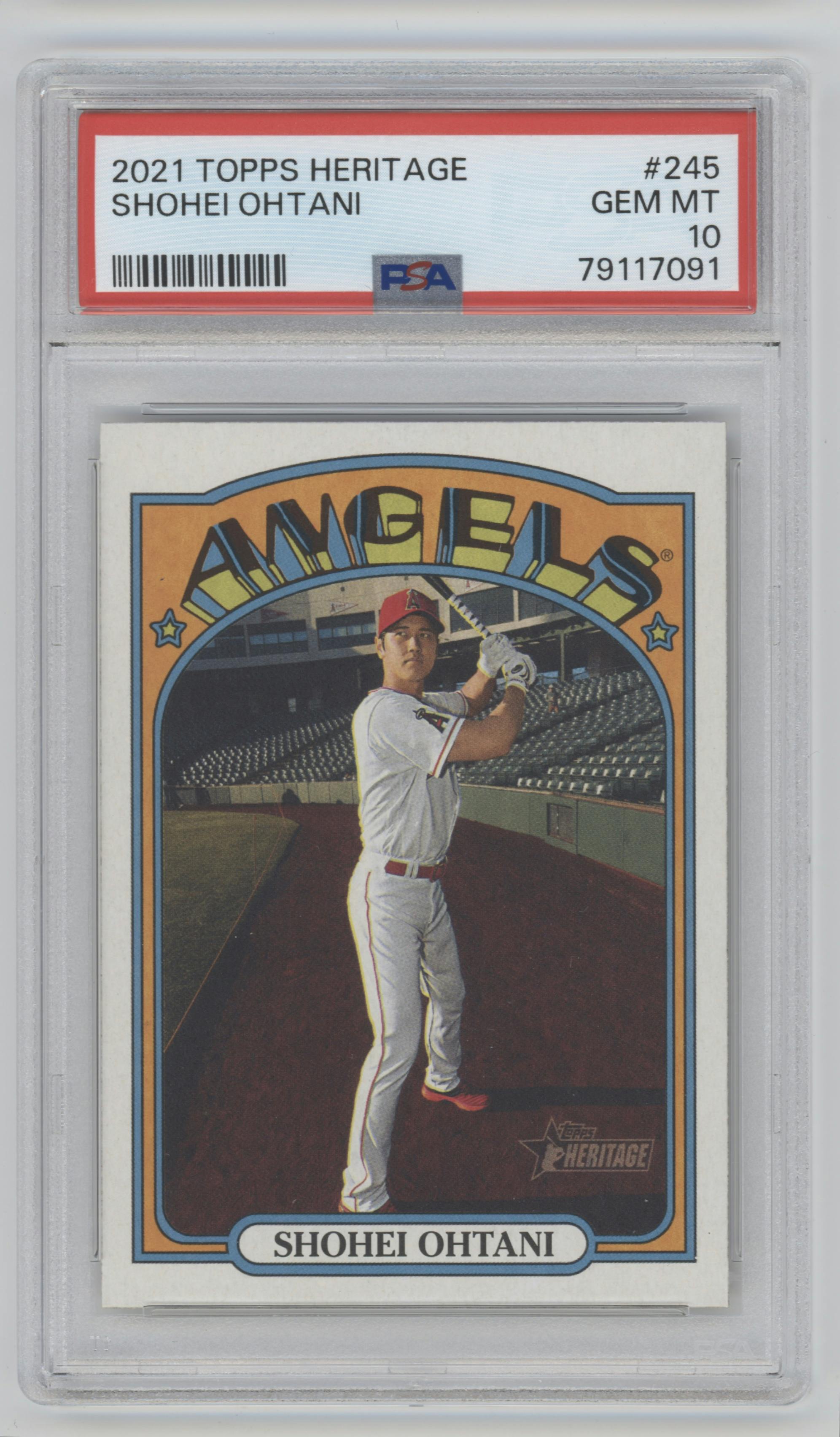Shohei Ohtani from the 2021 Topps Heritage set graded by PSA and given an overall grade of 10.