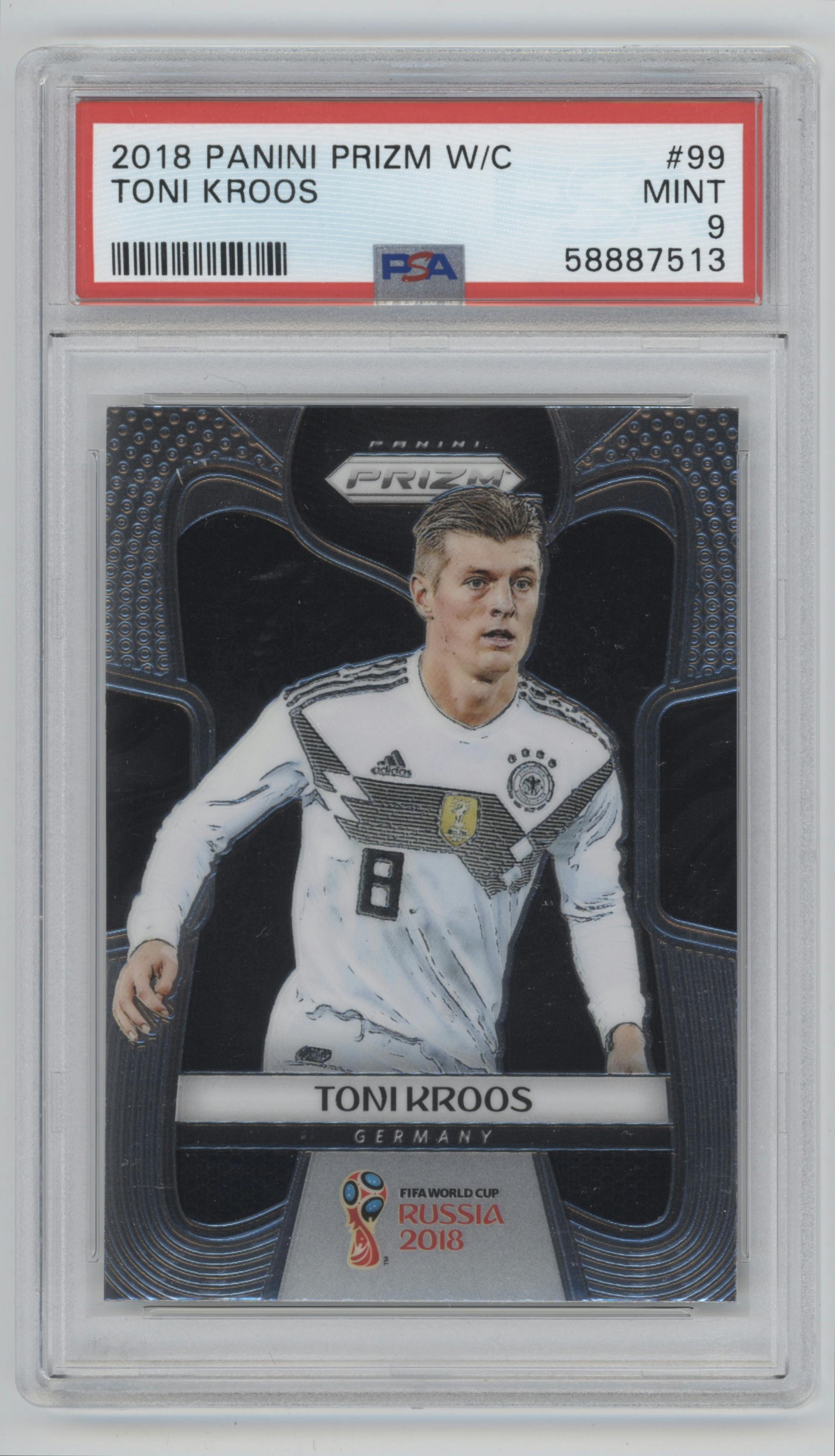 Toni Kroos from the 2018 Panini Prizm World Cup set graded by PSA and given an overall grade of 9.