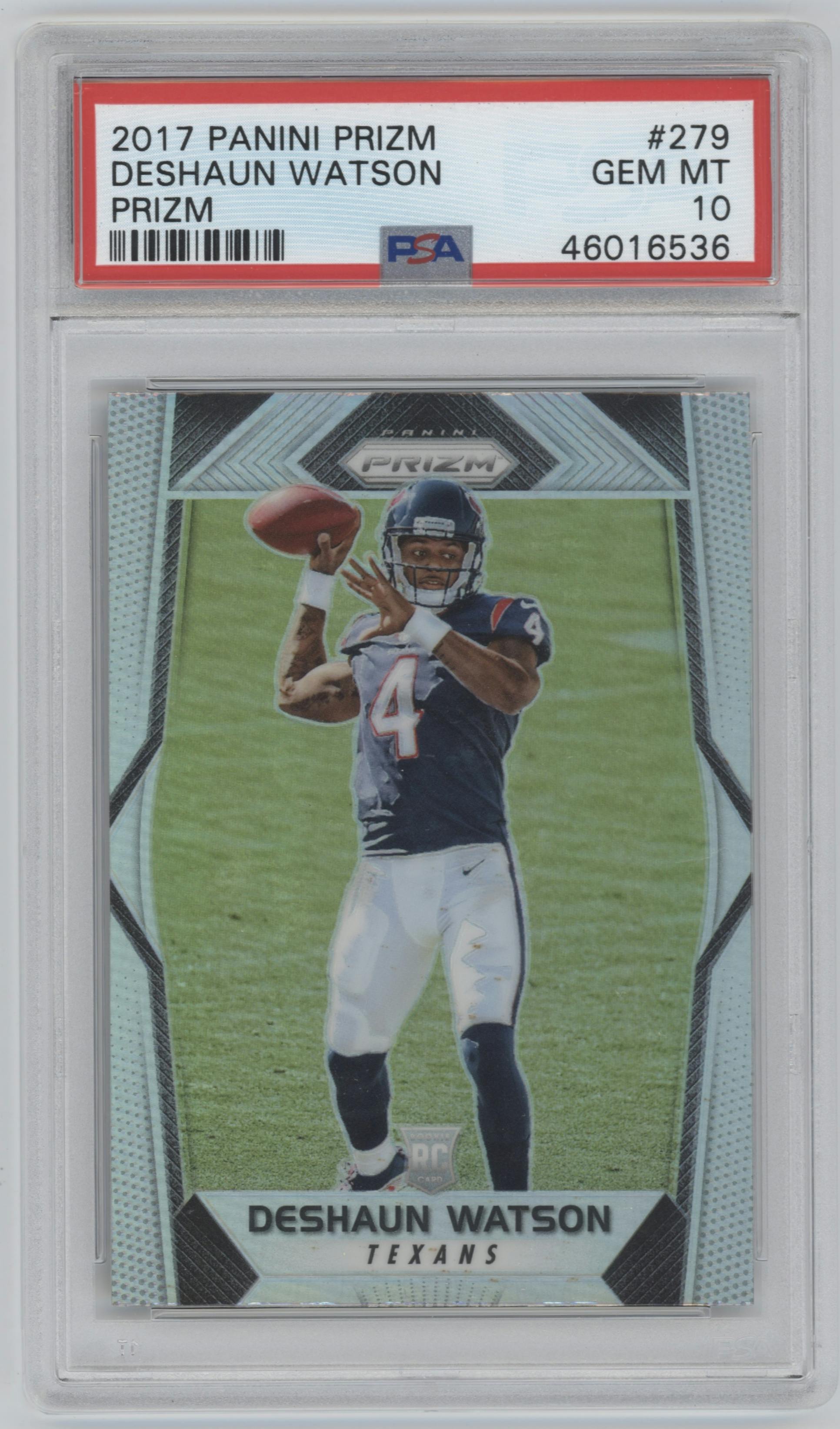 Deshaun Watson from the 2017 Panini Prizm set featuring a Silver Prizm parallel graded by PSA and given an overall grade of 10.