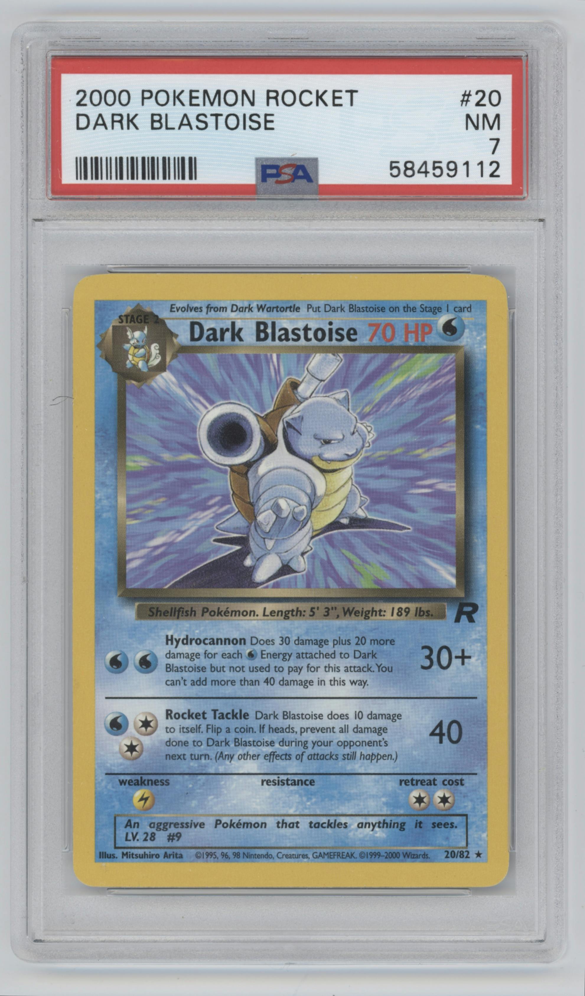 Dark Blastoise from the 2000 Pokemon set graded by PSA and given an overall grade of 7.