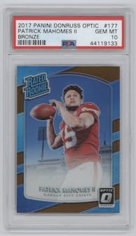 Patrick Mahomes II from the 2017 Panini Donruss Optic set featuring a Bronze parallel graded by PSA and given an overall grade of 10.
