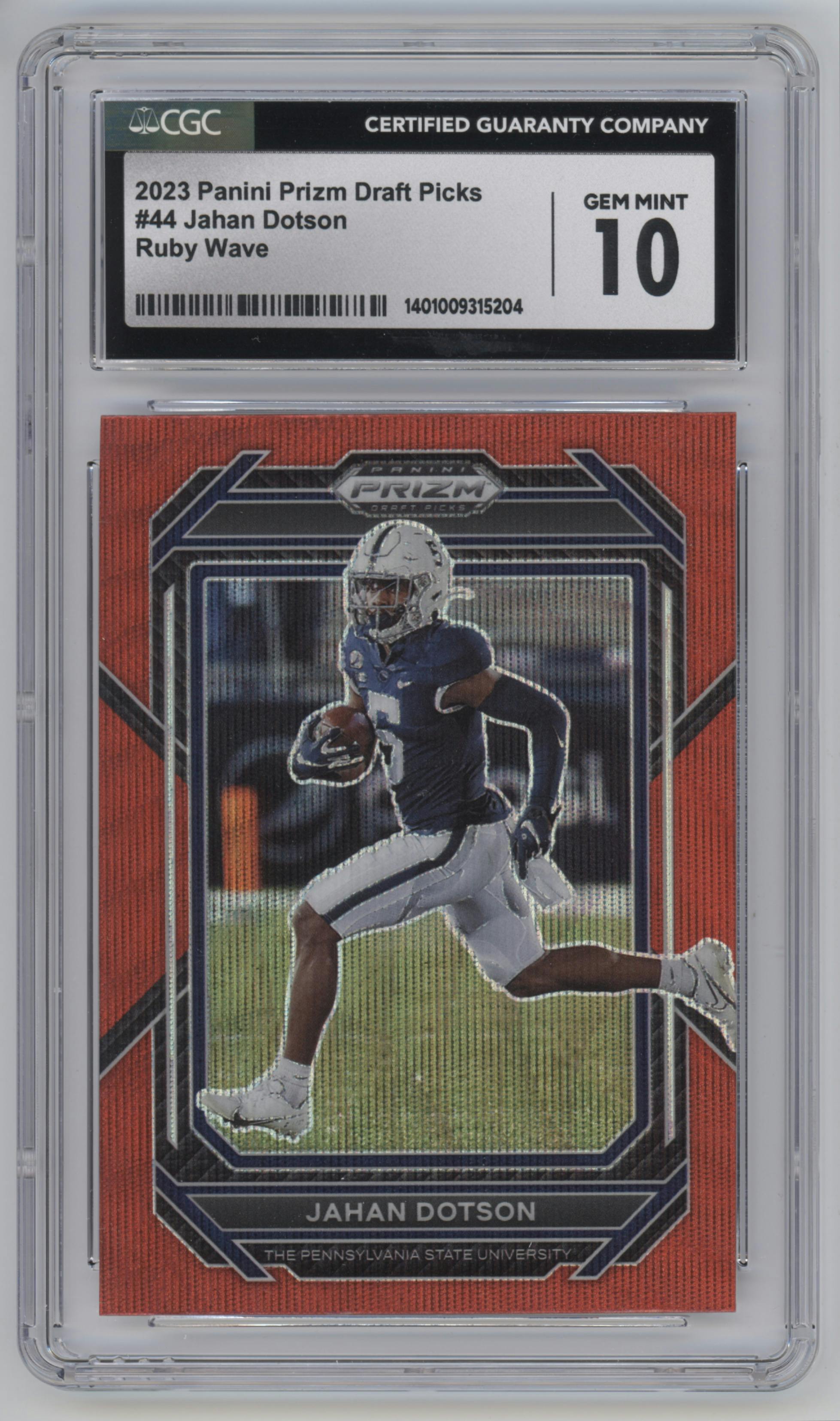 Jahan Dotson from the 2023 Panini Prizm Draft Picks set featuring a Ruby Wave parallel graded by CSG and given an overall grade of 10.
