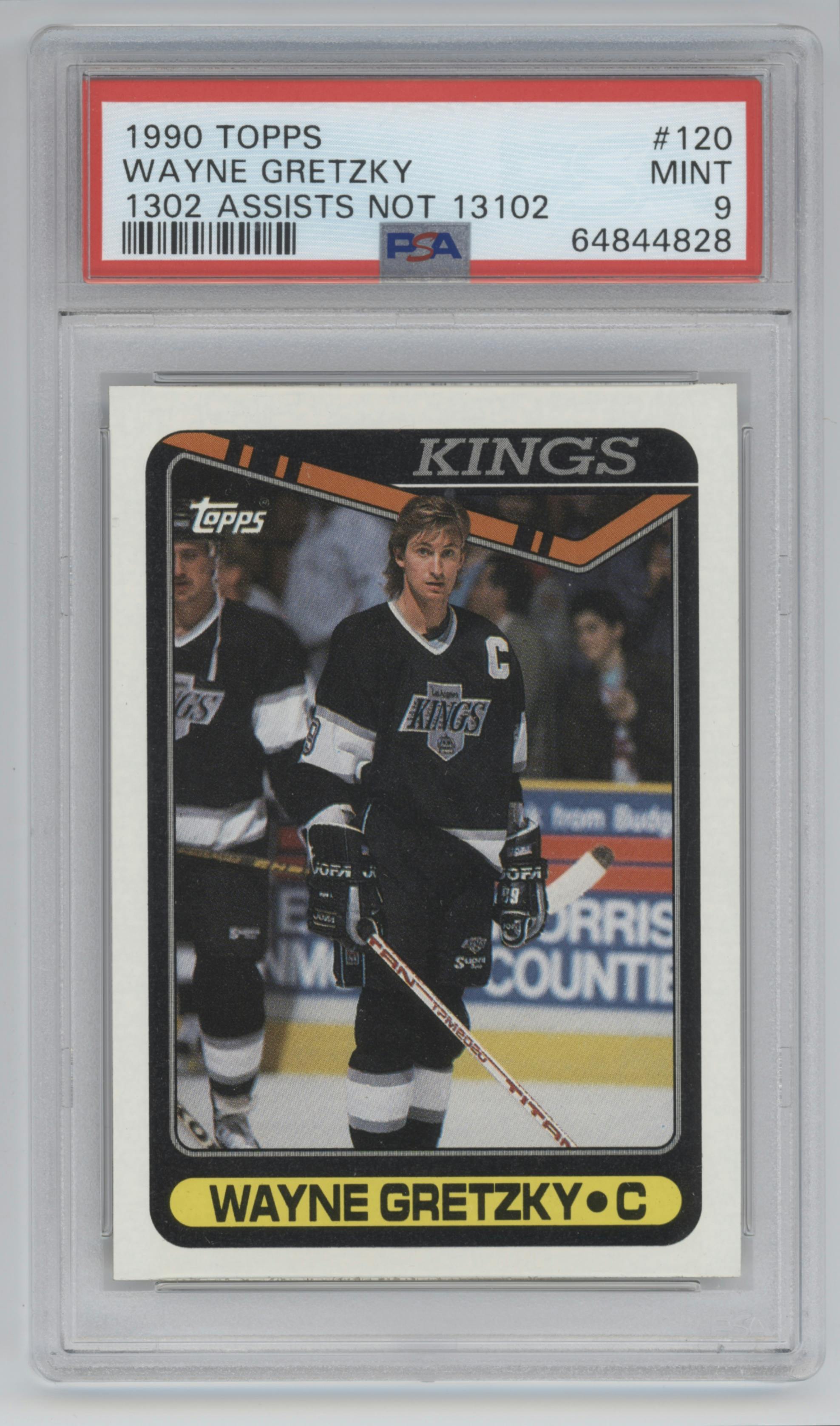 Wayne Gretzky from the 1990 Topps set featuring a Assist Error parallel graded by PSA and given an overall grade of 9.