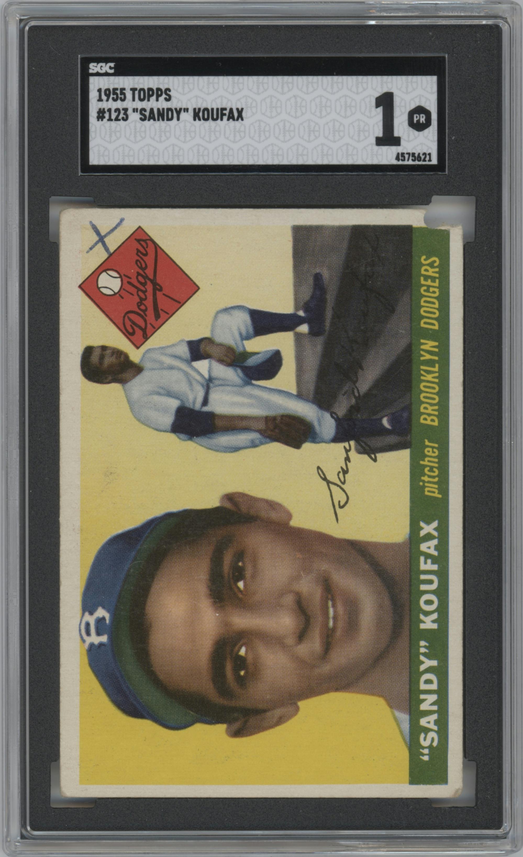 Sandy Koufax from the 1955 Topps set graded by SGC and given an overall grade of 1.