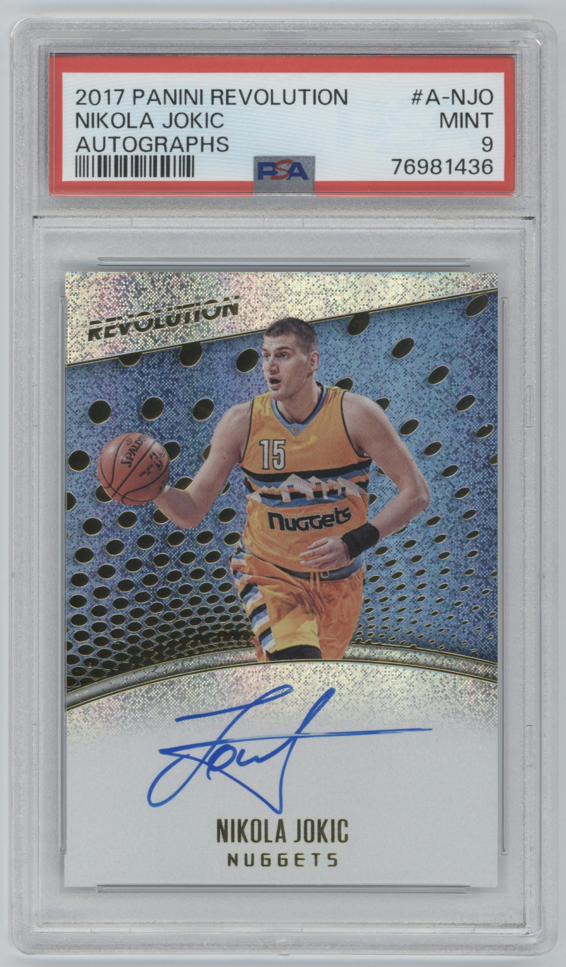 Nikola Jokic from the 2017-18 Panini Revolution set graded by PSA and given an overall grade of 9.