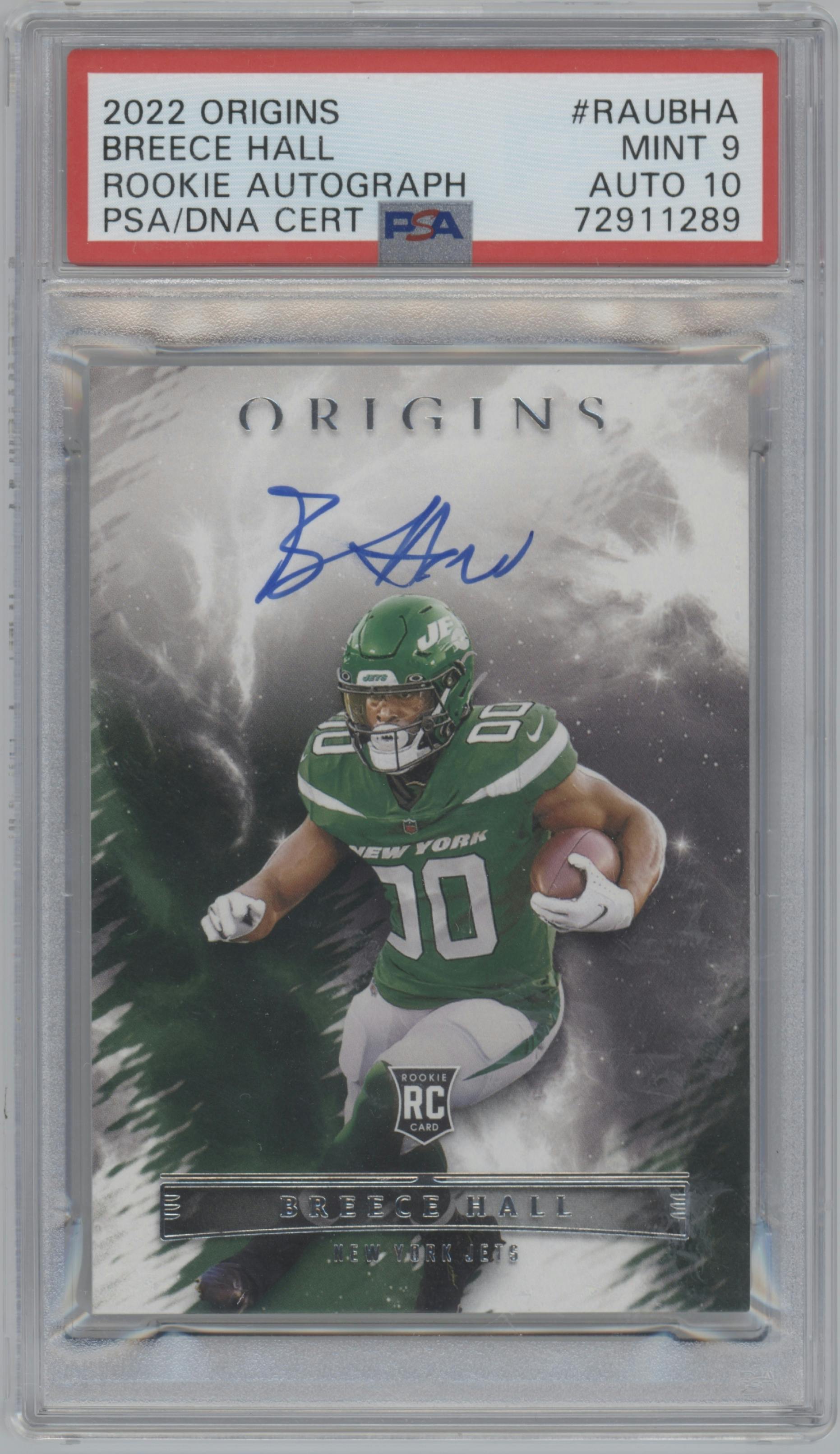 Breece Hall from the 2022 Panini Origins set graded by PSA and given an overall grade of 9.