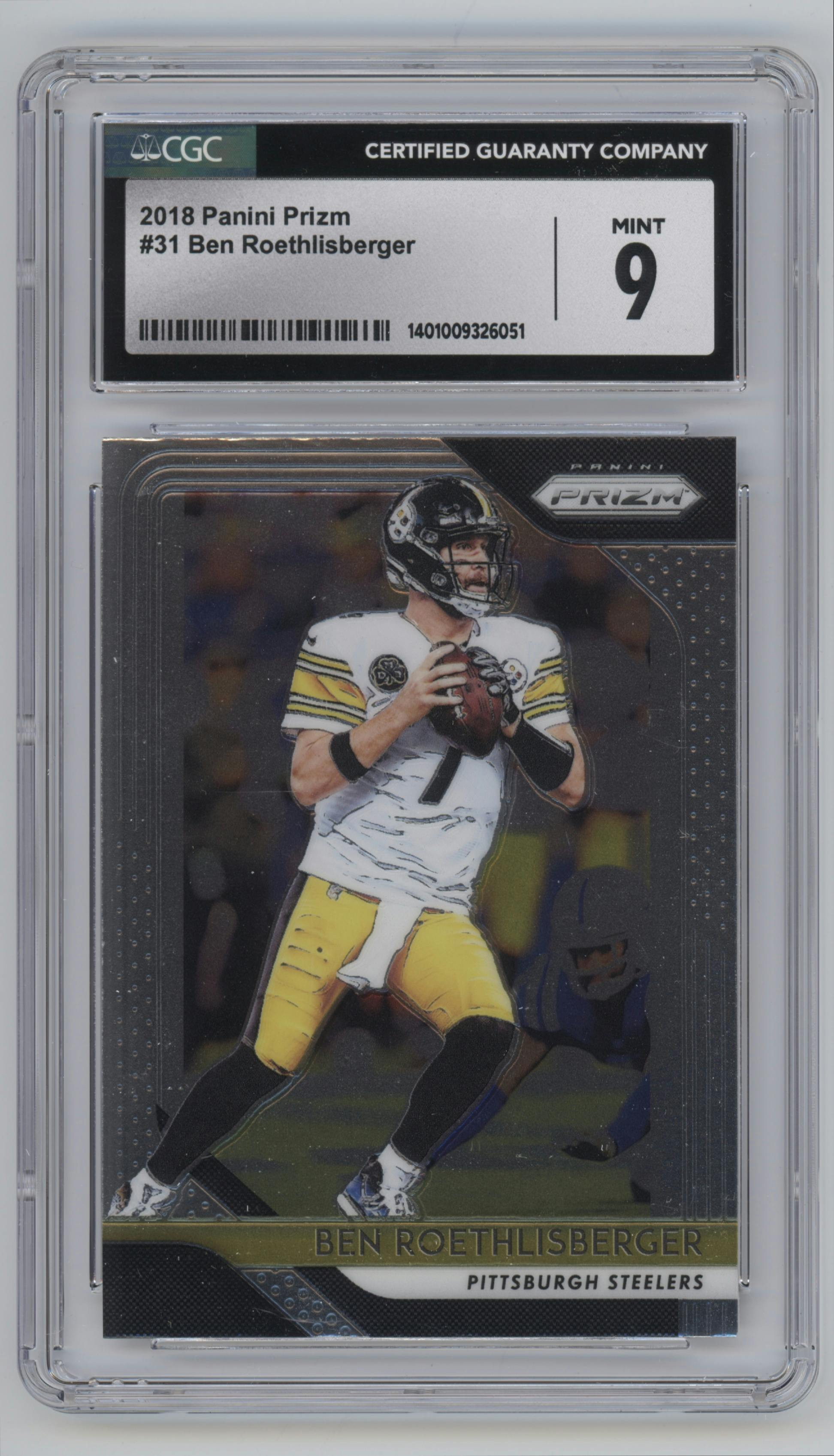 Ben Roethlisberger from the 2018 Panini Prizm set graded by CSG and given an overall grade of 9.