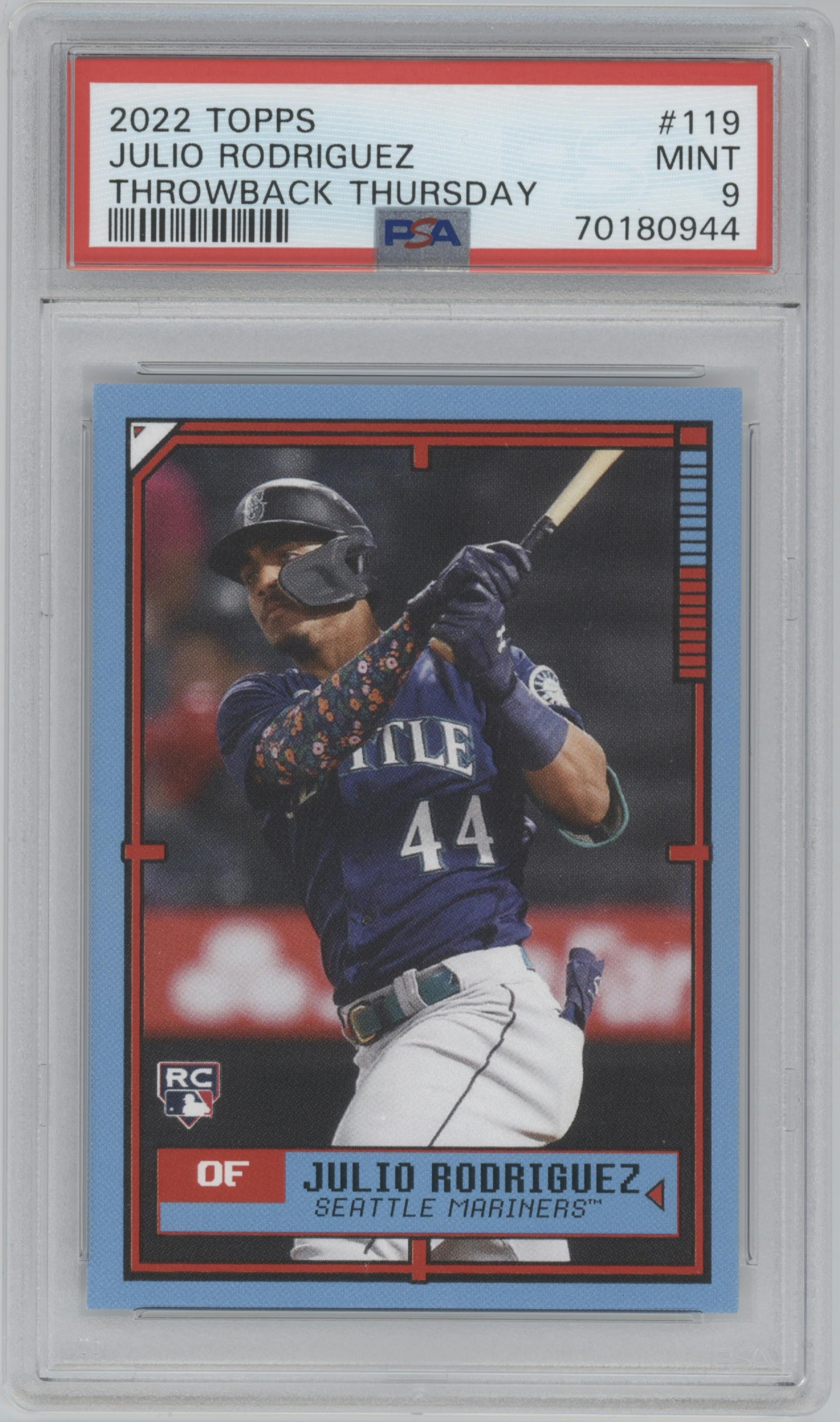 Julio Rodriguez from the 2022 Topps Throwback Thursday  set graded by PSA and given an overall grade of 9.