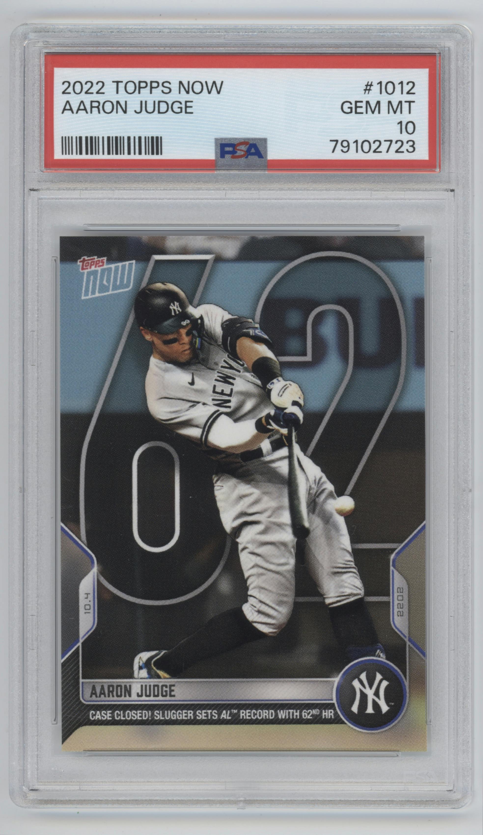 Aaron Judge from the 2022 Topps Now set graded by PSA and given an overall grade of 10.
