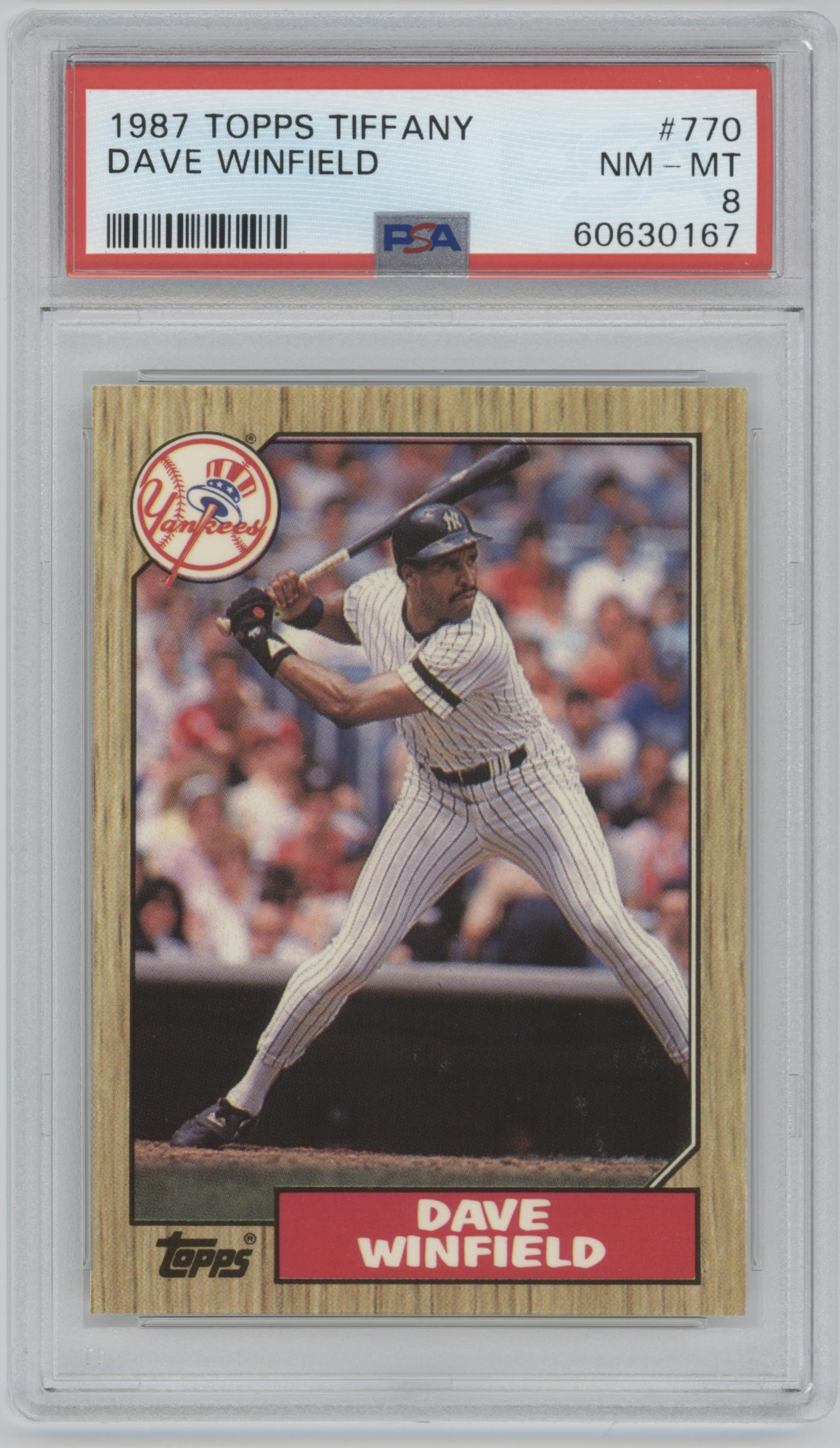 Dave Winfield from the 1987 Topps set featuring a Tiffany parallel graded by PSA and given an overall grade of 8.