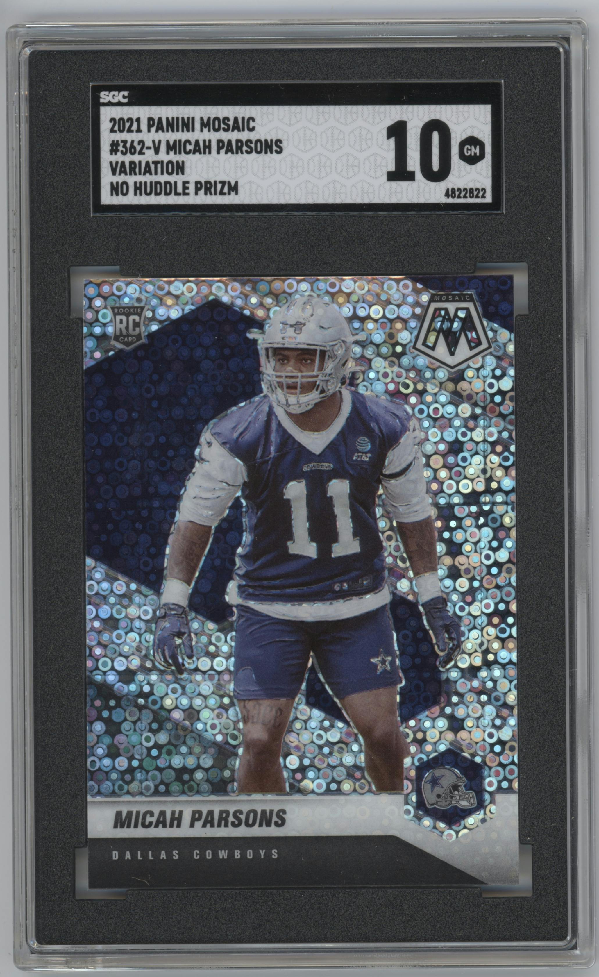 Micah Parsons from the 2021 Panini Mosaic set featuring a No Huddle parallel graded by SGC and given an overall grade of 10.
