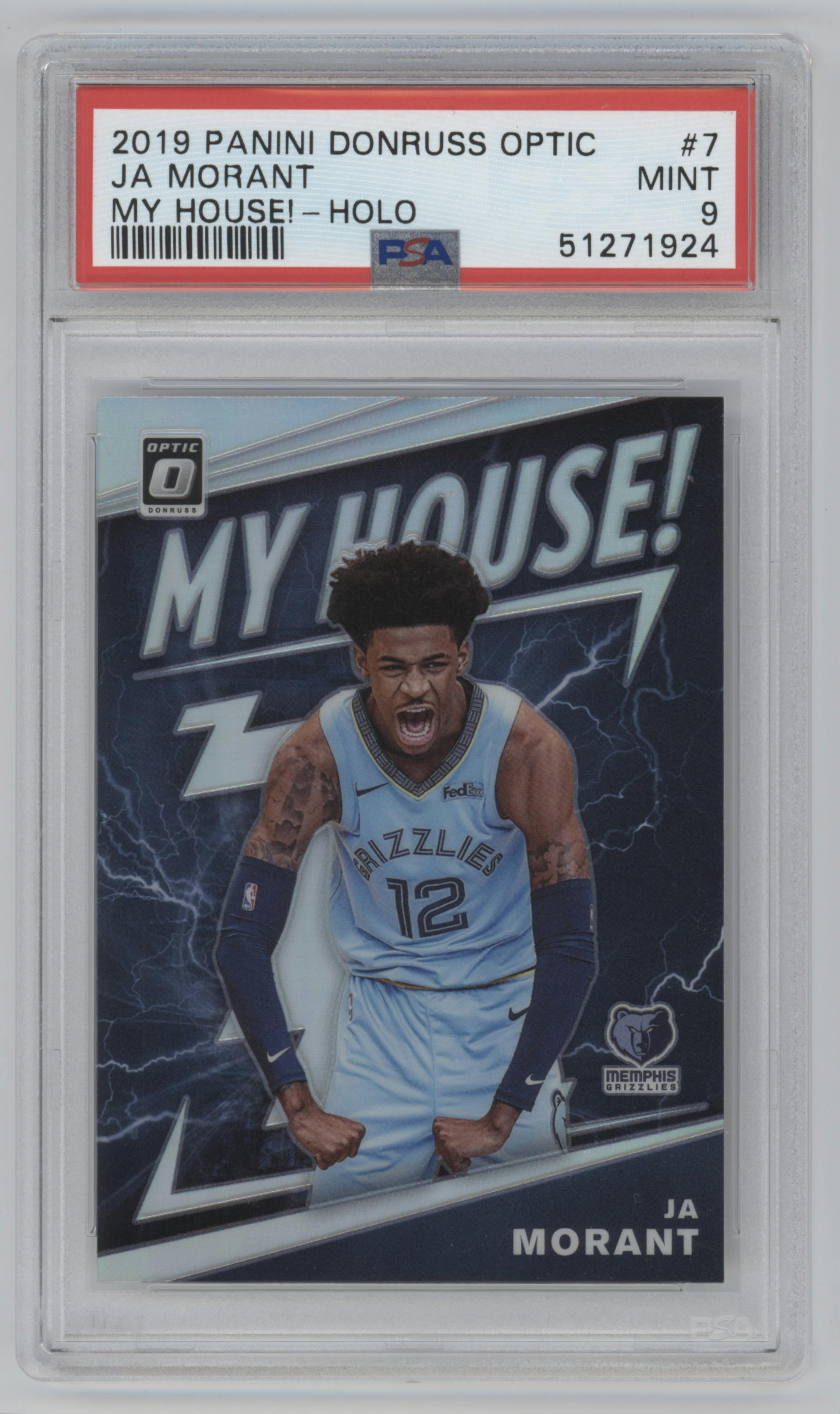Ja Morant from the 2019-20 Panini Donruss Optic set featuring a Holo parallel graded by PSA and given an overall grade of 9.