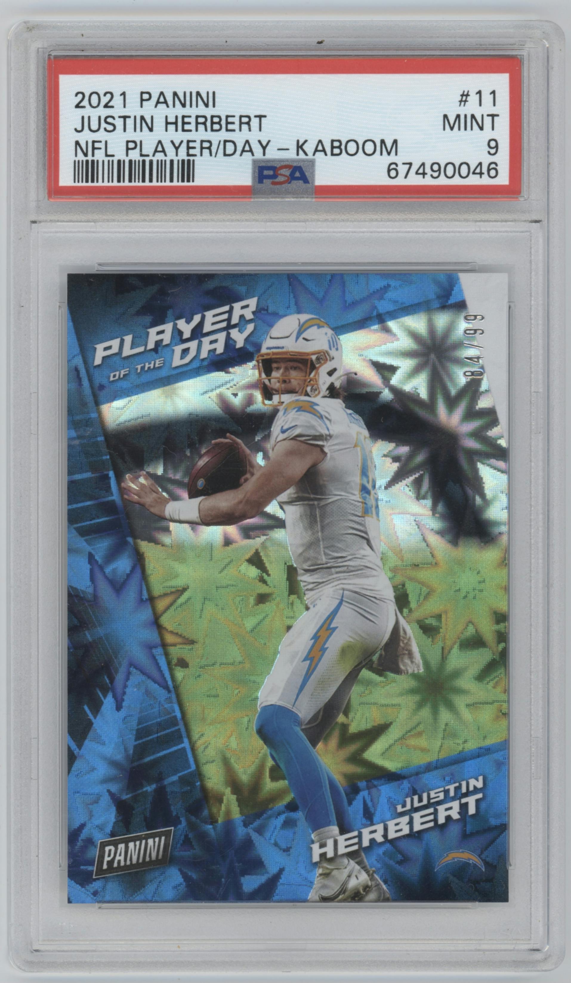 Justin Herbert from the 2021 Panini NFL Player of the Day set featuring a Kaboom parallel graded by PSA and given an overall grade of 9.