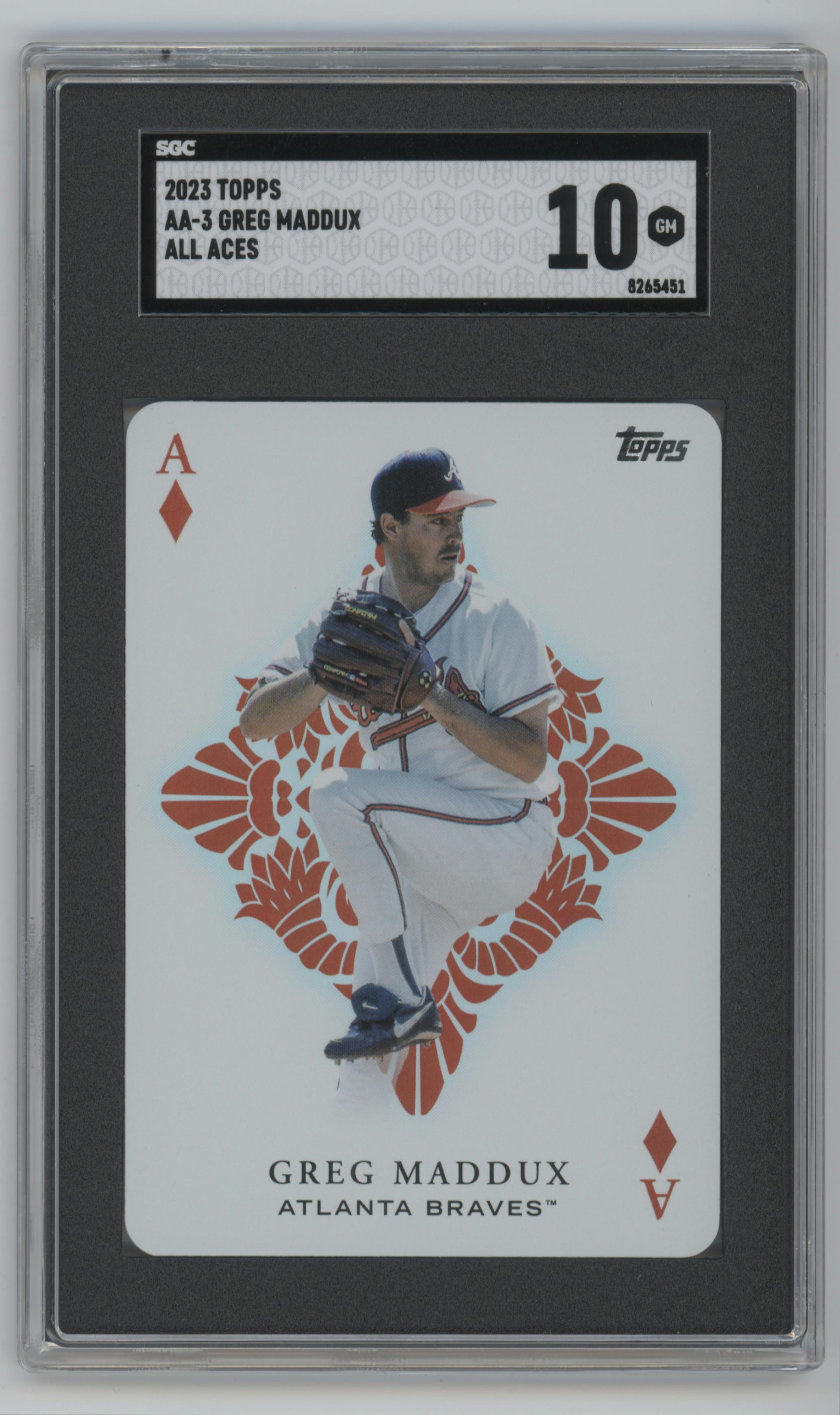 Greg Maddux from the 2023 Topps Series 1 set graded by SGC and given an overall grade of 10.