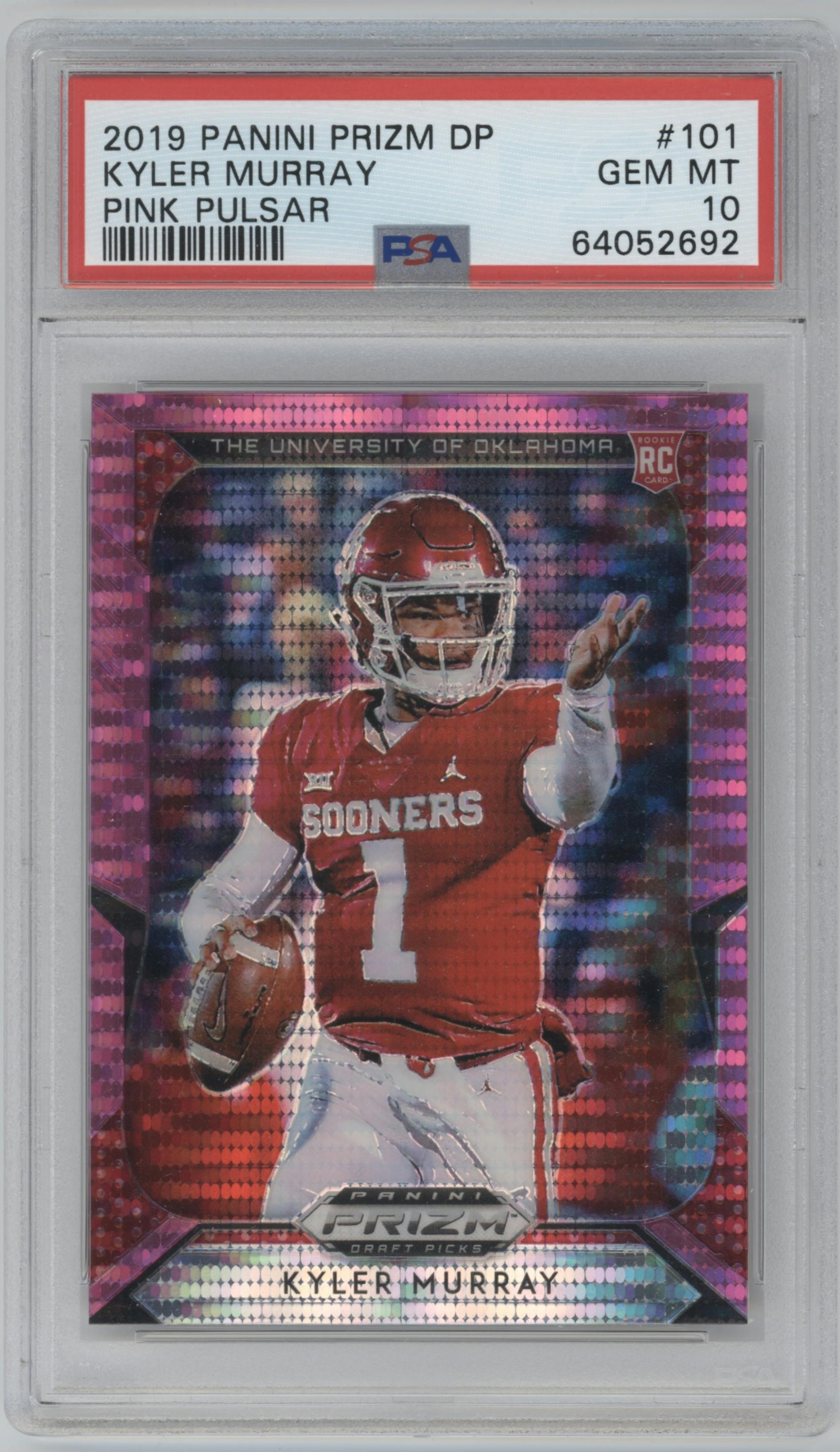 Kyler Murray from the 2019 Panini Prizm Draft Picks set featuring a Pink Pulsar Prizm parallel graded by PSA and given an overall grade of 10.