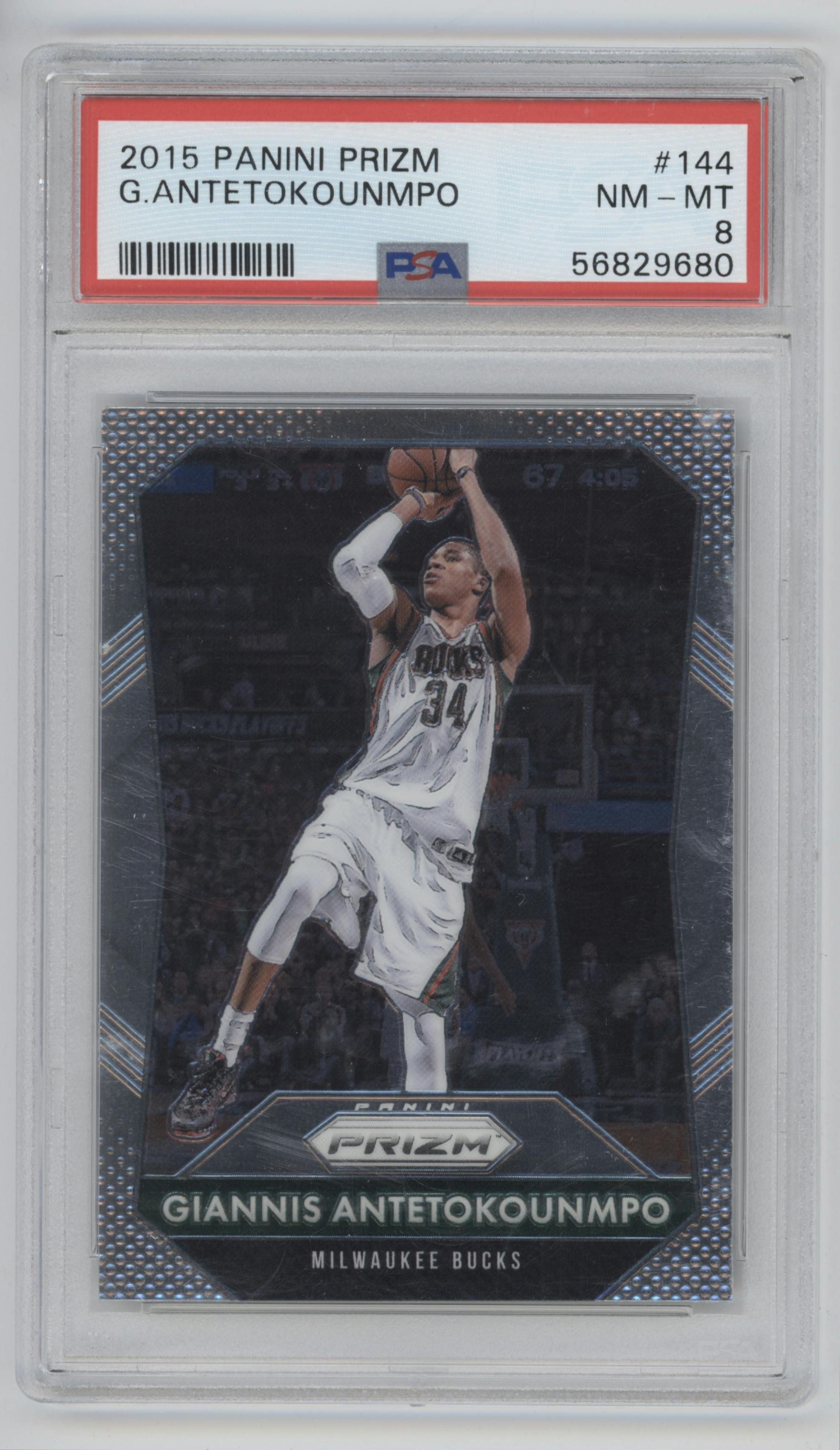 Giannis Antetokounmpo from the 2015-16 Panini Prizm  set graded by PSA and given an overall grade of 8.