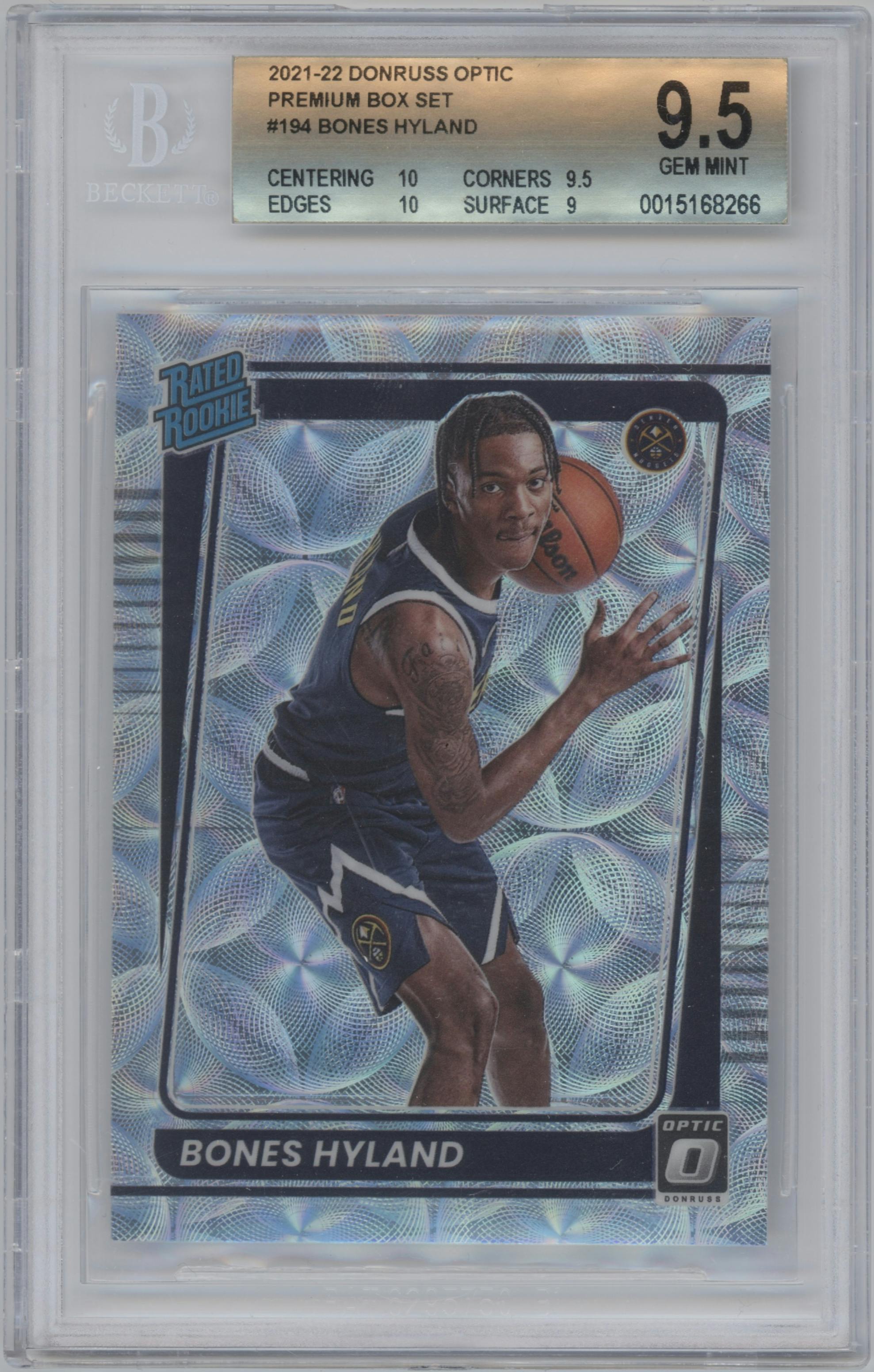 Bones Hyland from the 2021-22 Panini Donruss Optic set featuring a Premium Box Set  parallel graded by Beckett and given an overall grade of 9.5.