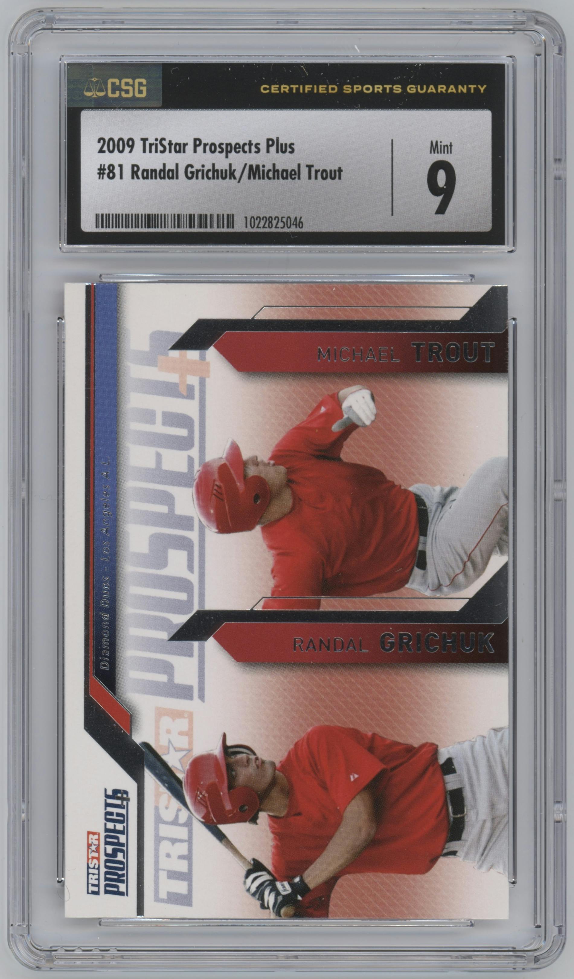 Randal Grichuk / Michael Trout from the 2009 TriStar Prospects Plus set graded by CSG and given an overall grade of 9.