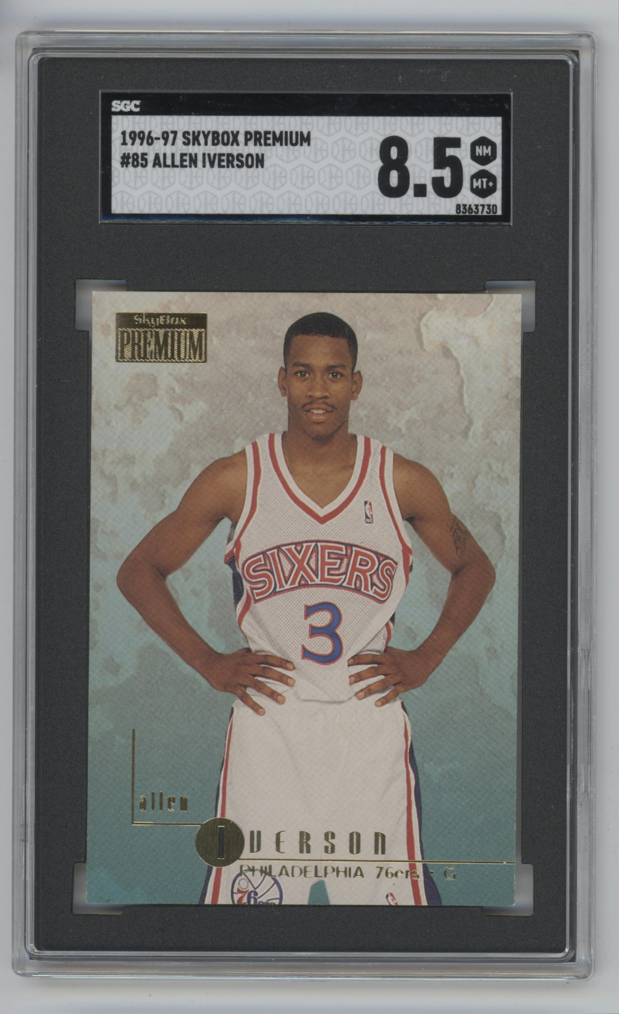 Allen Iverson from the 1996-97 Skybox Premium set graded by SGC and given an overall grade of 8.5.