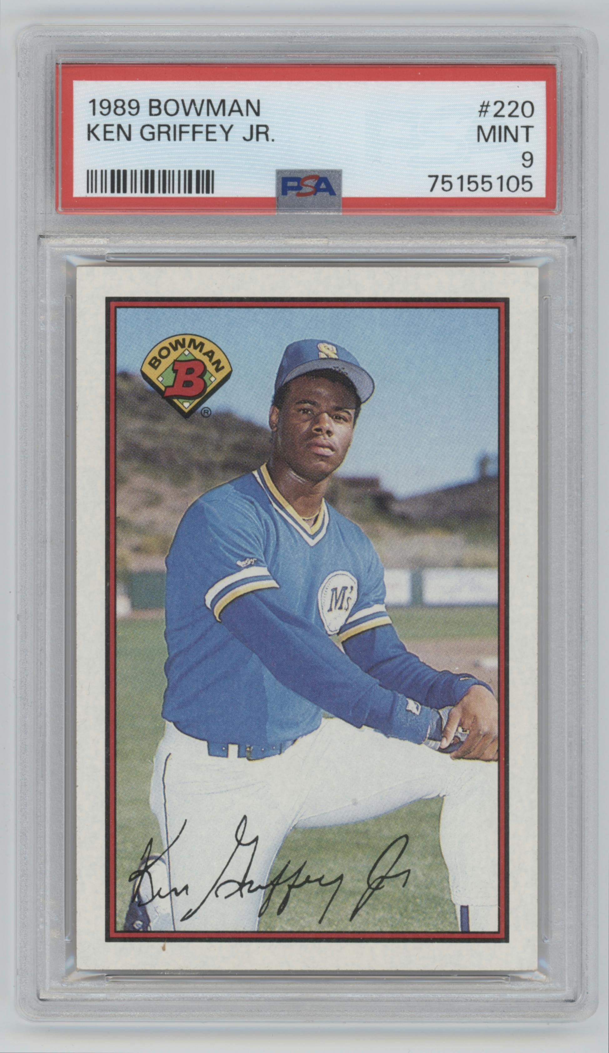 Ken Griffey Jr. from the 1989 Bowman set graded by PSA and given an overall grade of 9.