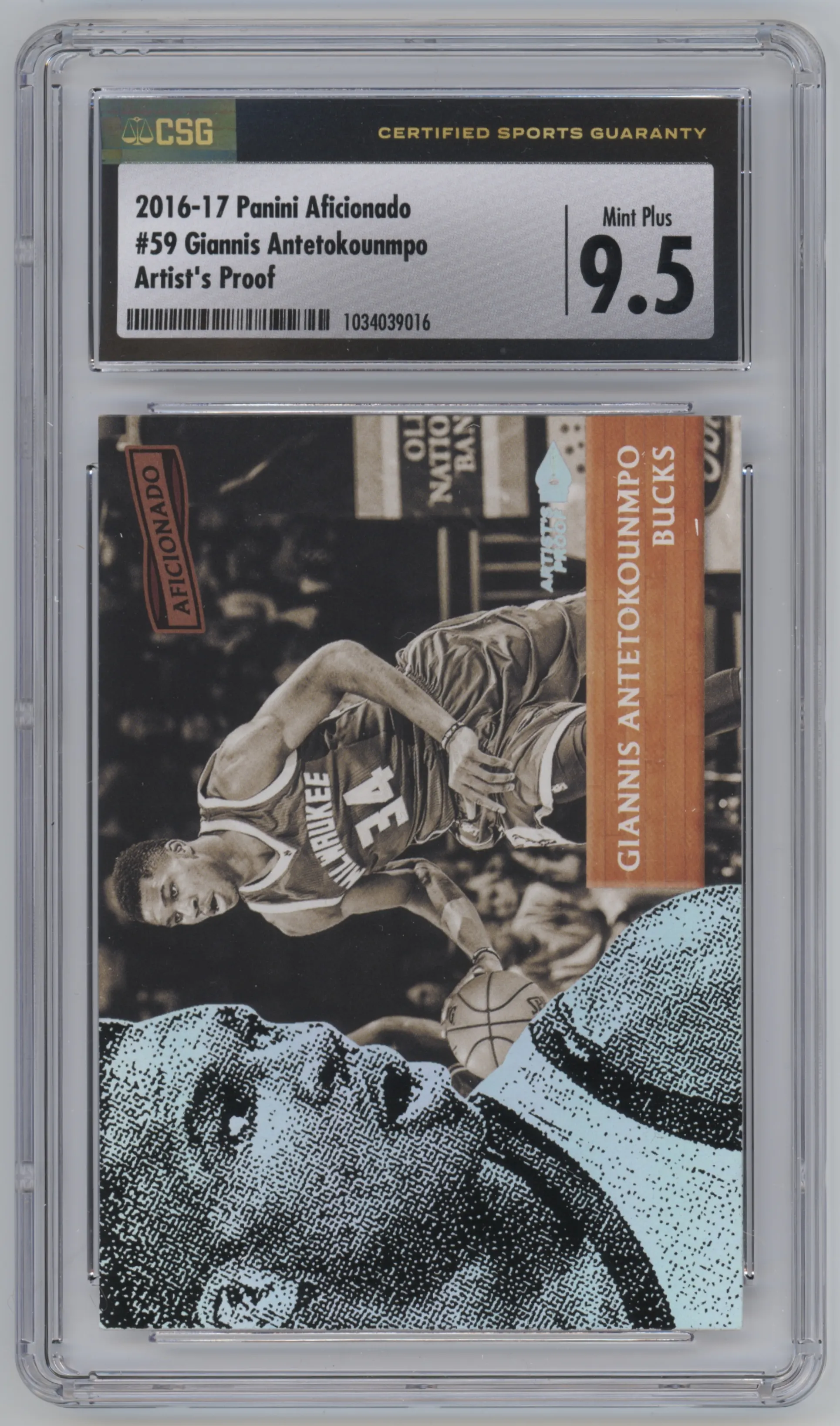 Giannis Antetokounmpo from the 2016-17 Panini Aficionado Basketball set featuring a Artist's Proof parallel graded by CSG and given an overall grade of 9.5.
