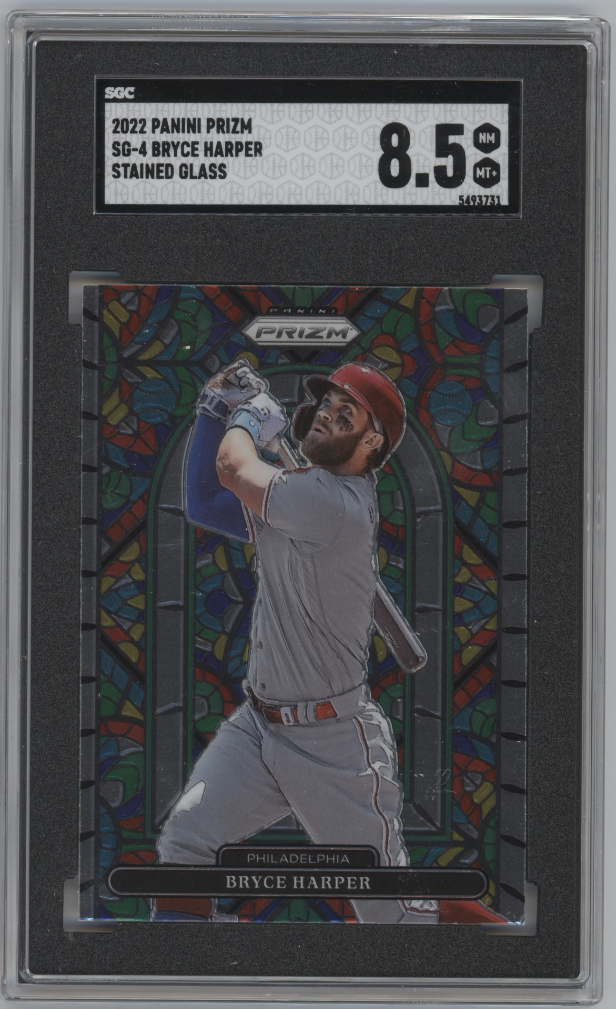 Bryce Harper from the 2022 Panini Prizm set graded by SGC and given an overall grade of 8.5.