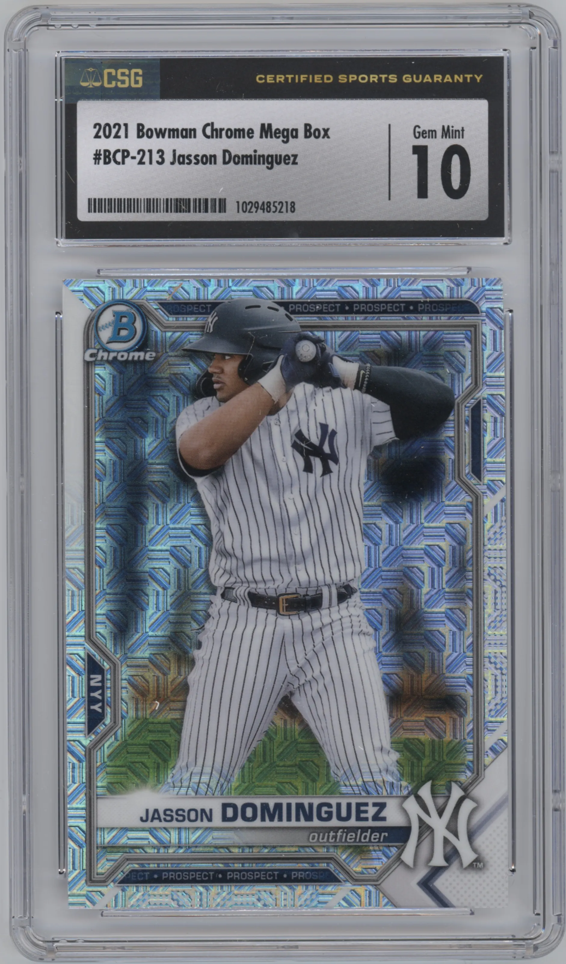 Jasson Dominguez from the 2021 Bowman Chrome  Mega Box set graded by CSG and given an overall grade of 10.