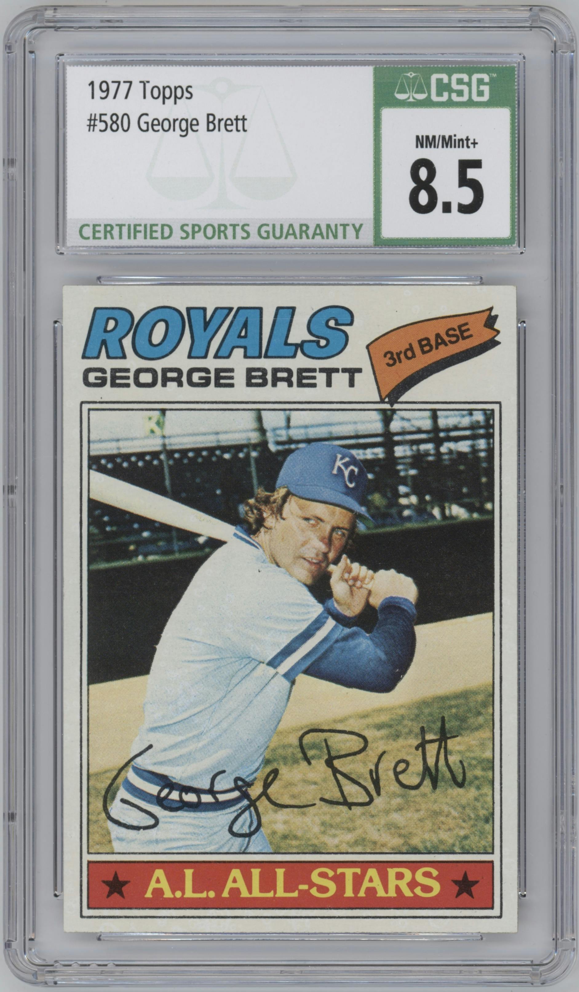 George Brett from the 1977 Topps set graded by CSG and given an overall grade of 8.5.