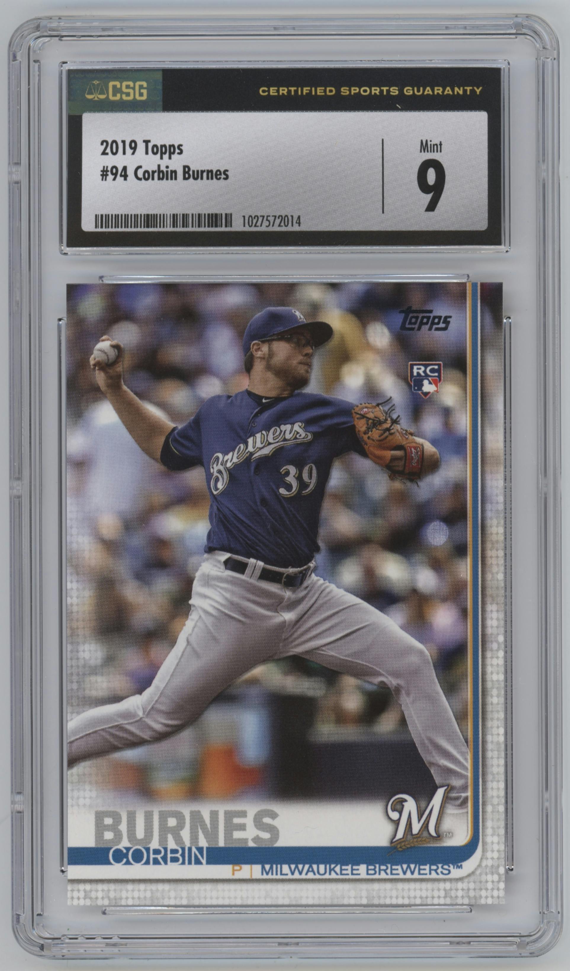 Corbin Burnes from the 2019 Topps set graded by CSG and given an overall grade of 9.