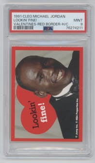 Lookin' Fine! from the 1991 Cleo Michael Jordan Valentines set featuring a Red Border Perforated parallel graded by PSA and given an overall grade of 9.