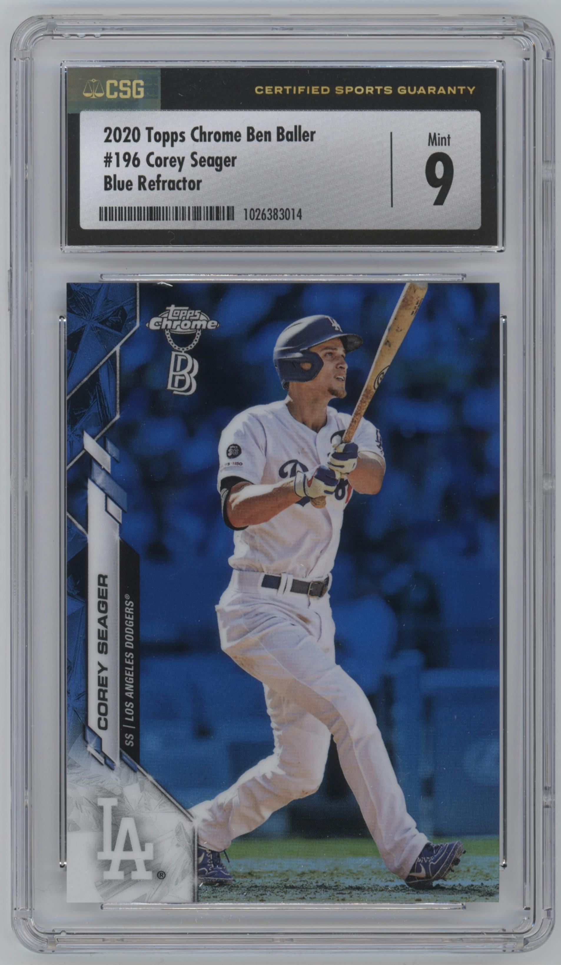 Corey Seager from the 2020 Topps Chrome Ben Baller Edition set featuring a Blue Refractor  parallel graded by CSG and given an overall grade of 9.