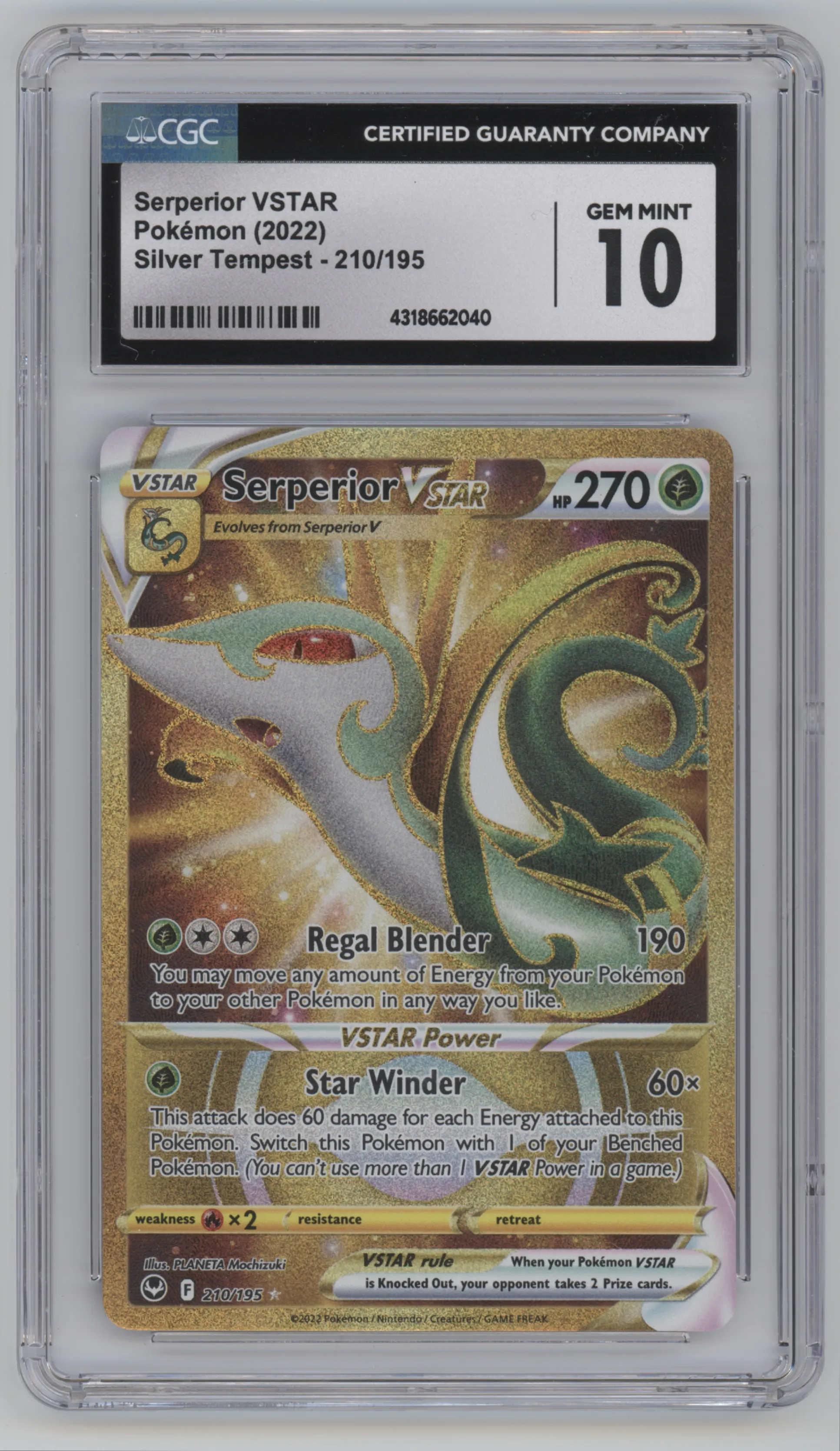 Serperior VSTAR from the 2022 Pokemon SWSH set graded by CSG and given an overall grade of 10.