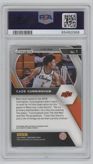 Cade Cunningham from the 2021-22 Panini Prizm Draft Picks set featuring a Green Prizm parallel graded by PSA and given an overall grade of 8.
