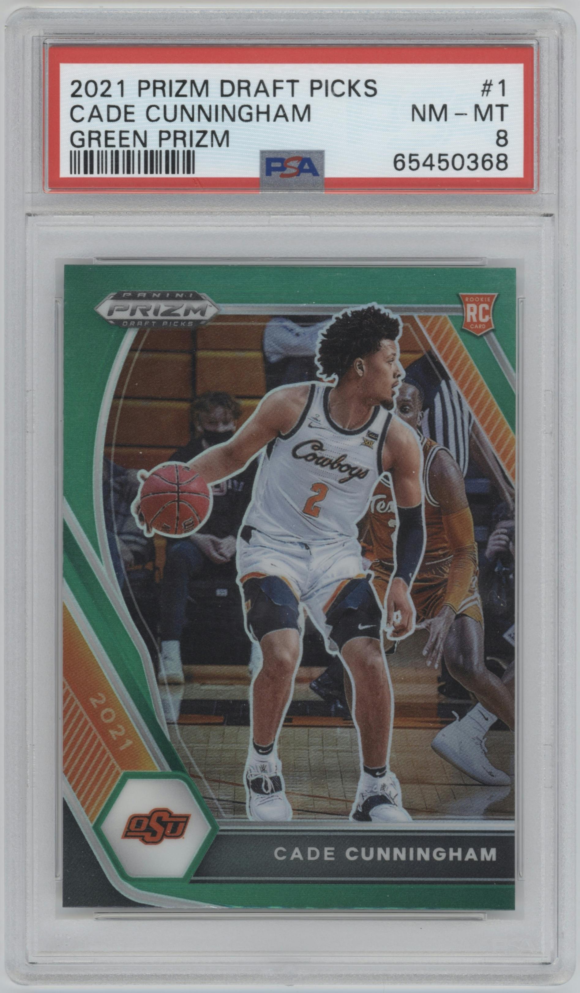 Cade Cunningham from the 2021-22 Panini Prizm Draft Picks set featuring a Green Prizm parallel graded by PSA and given an overall grade of 8.