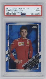 Charles Leclerc from the 2021 Topps Chrome F1 Sapphire set graded by PSA and given an overall grade of 9.