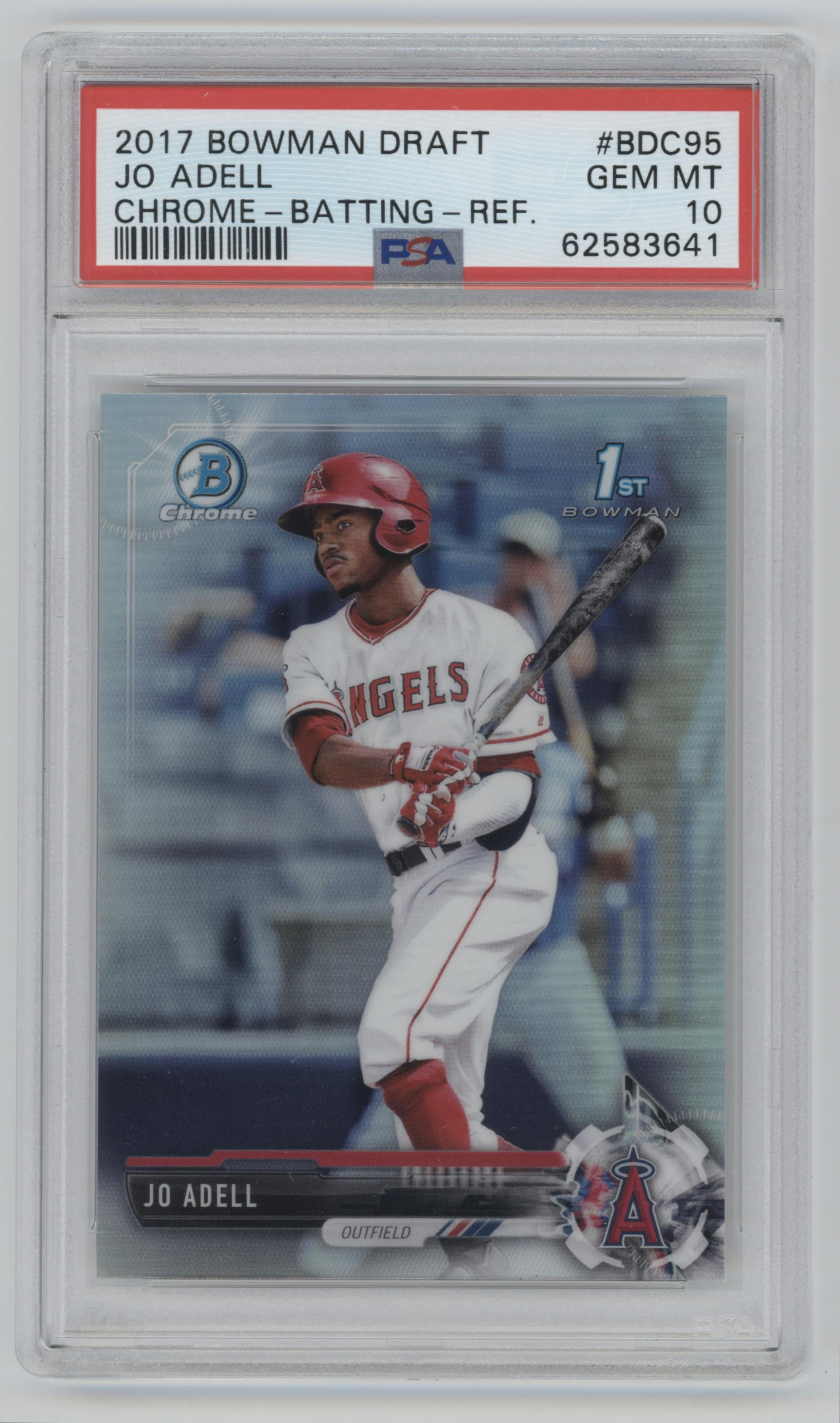 Jo Adell from the 2017 Bowman Draft set featuring a Refractor parallel graded by PSA and given an overall grade of 10.