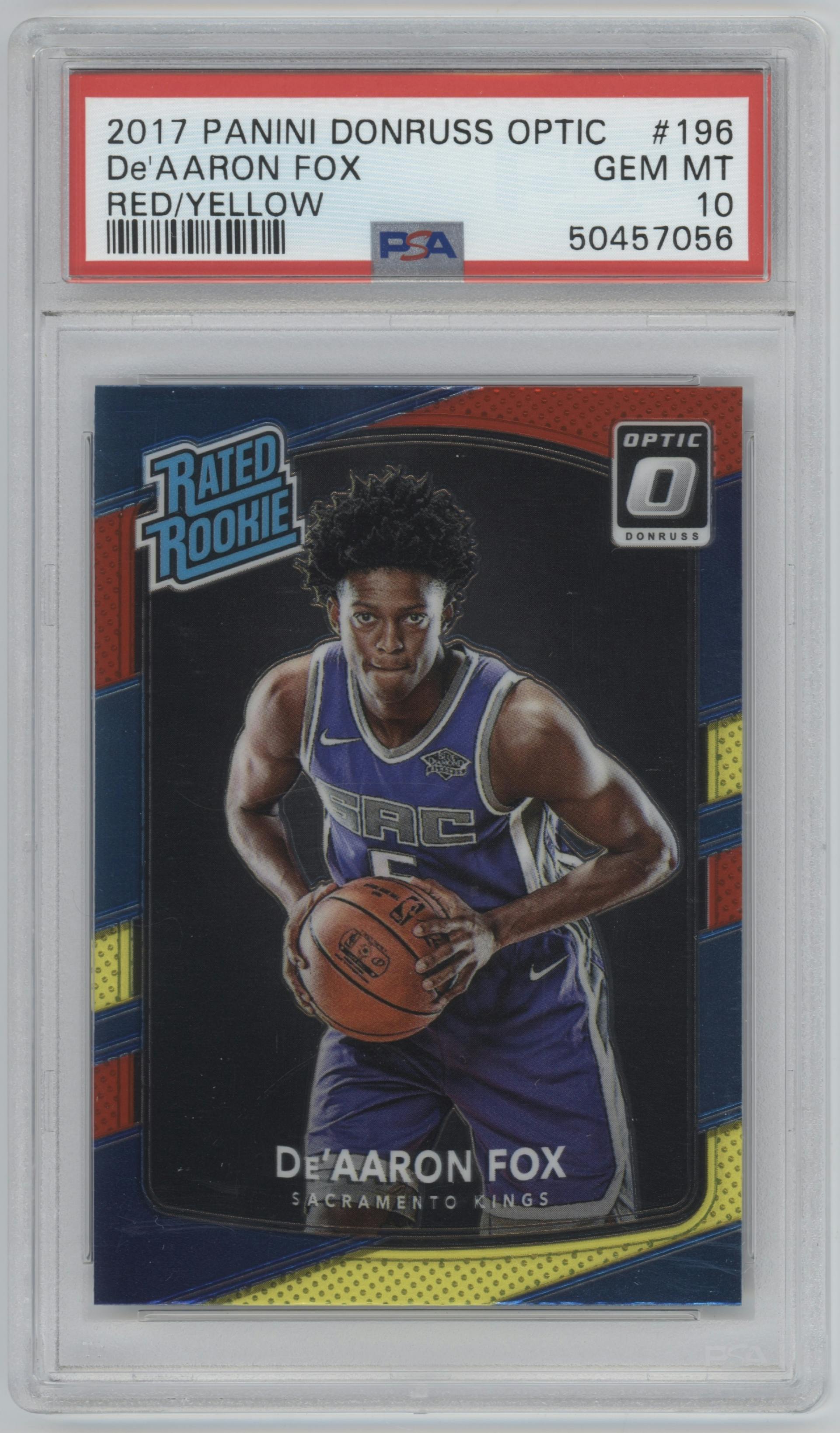 De'Aaron Fox from the 2017-18 Panini Donruss Optic set featuring a Red/Yellow  parallel graded by PSA and given an overall grade of 10.