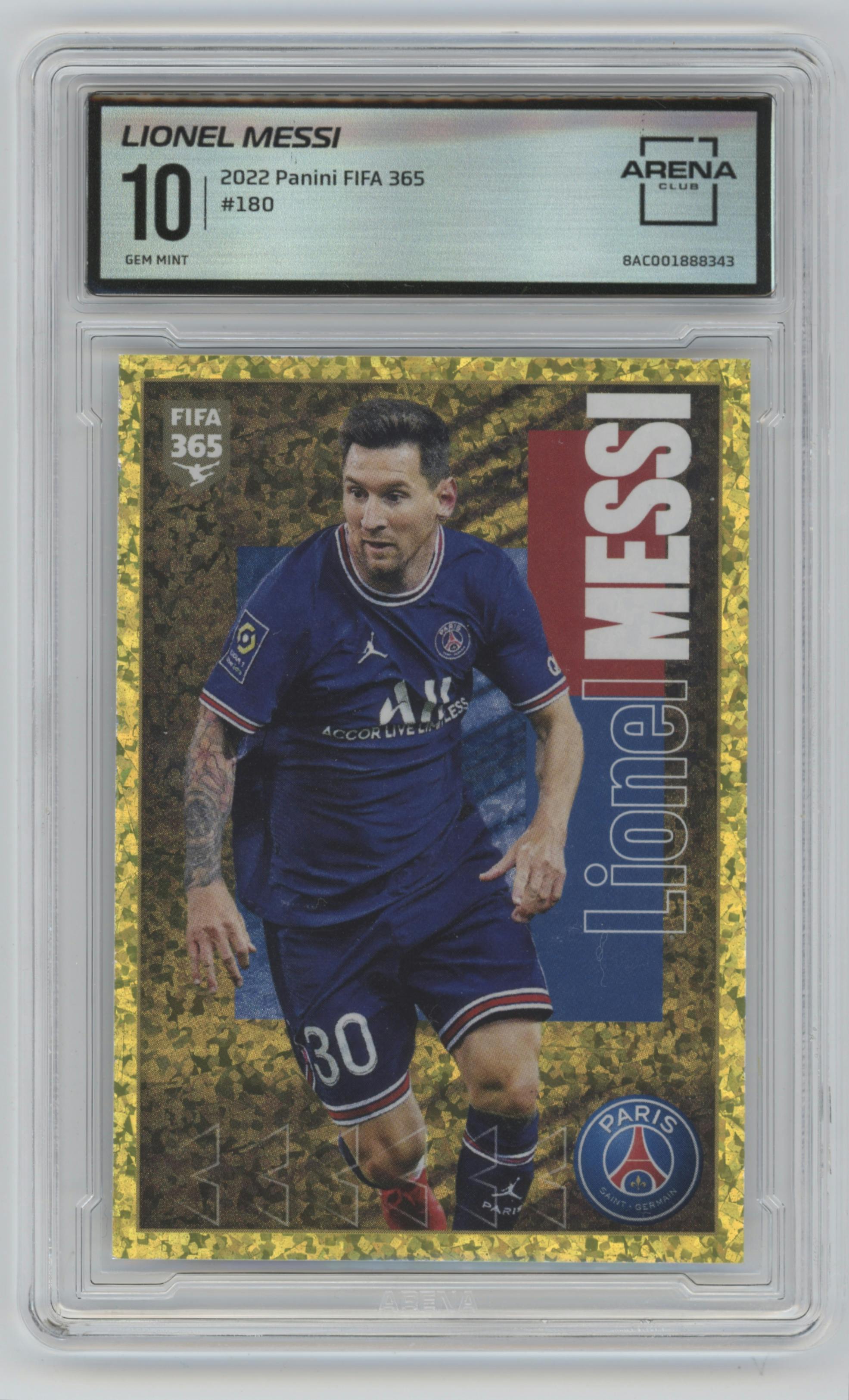 Lionel Messi from the 2022 Panini FIFA 365 The Golden World of Football set graded by Arena Club and given an overall grade of 10.