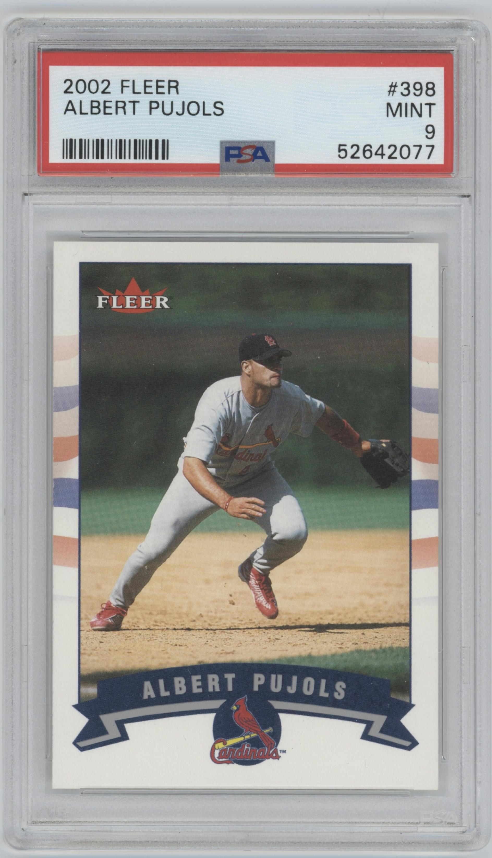 Albert Pujols from the 2002 Fleer set graded by PSA and given an overall grade of 9.