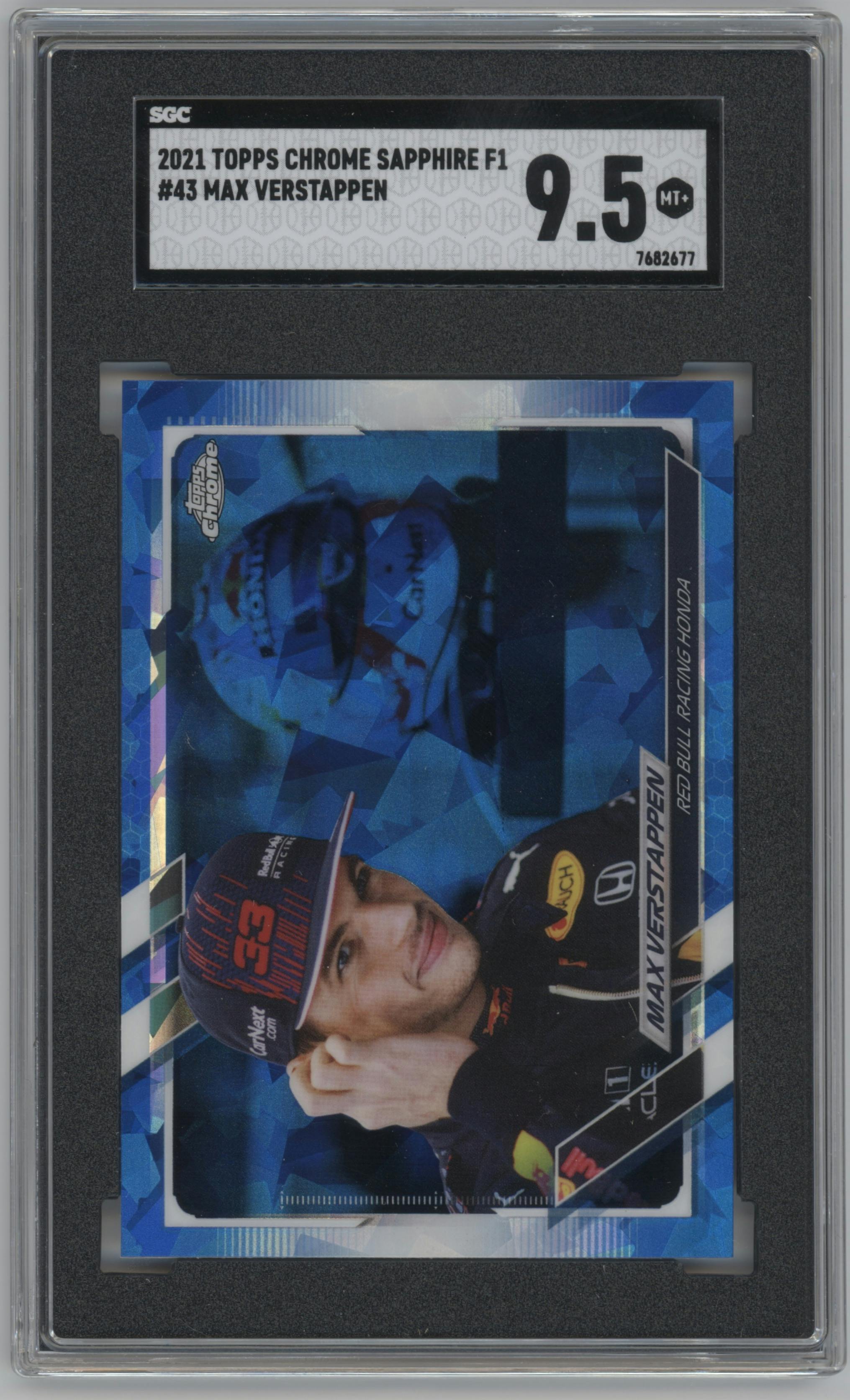Max Verstappen from the 2021 Topps Chrome F1 Sapphire set graded by SGC and given an overall grade of 9.5.